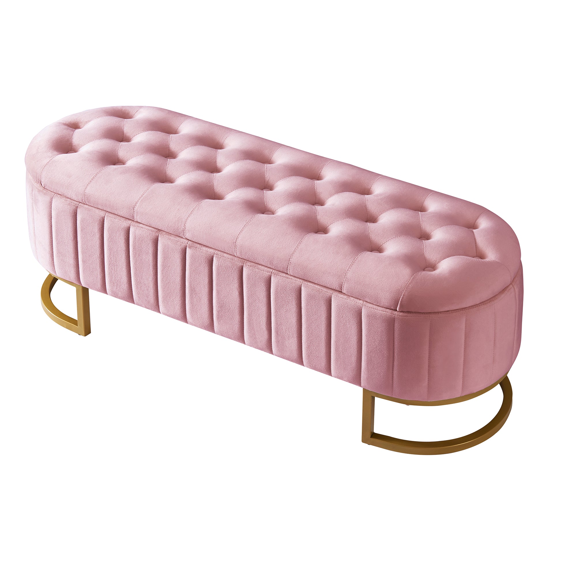 Pink velvet ottoman with tufted top and gold legs