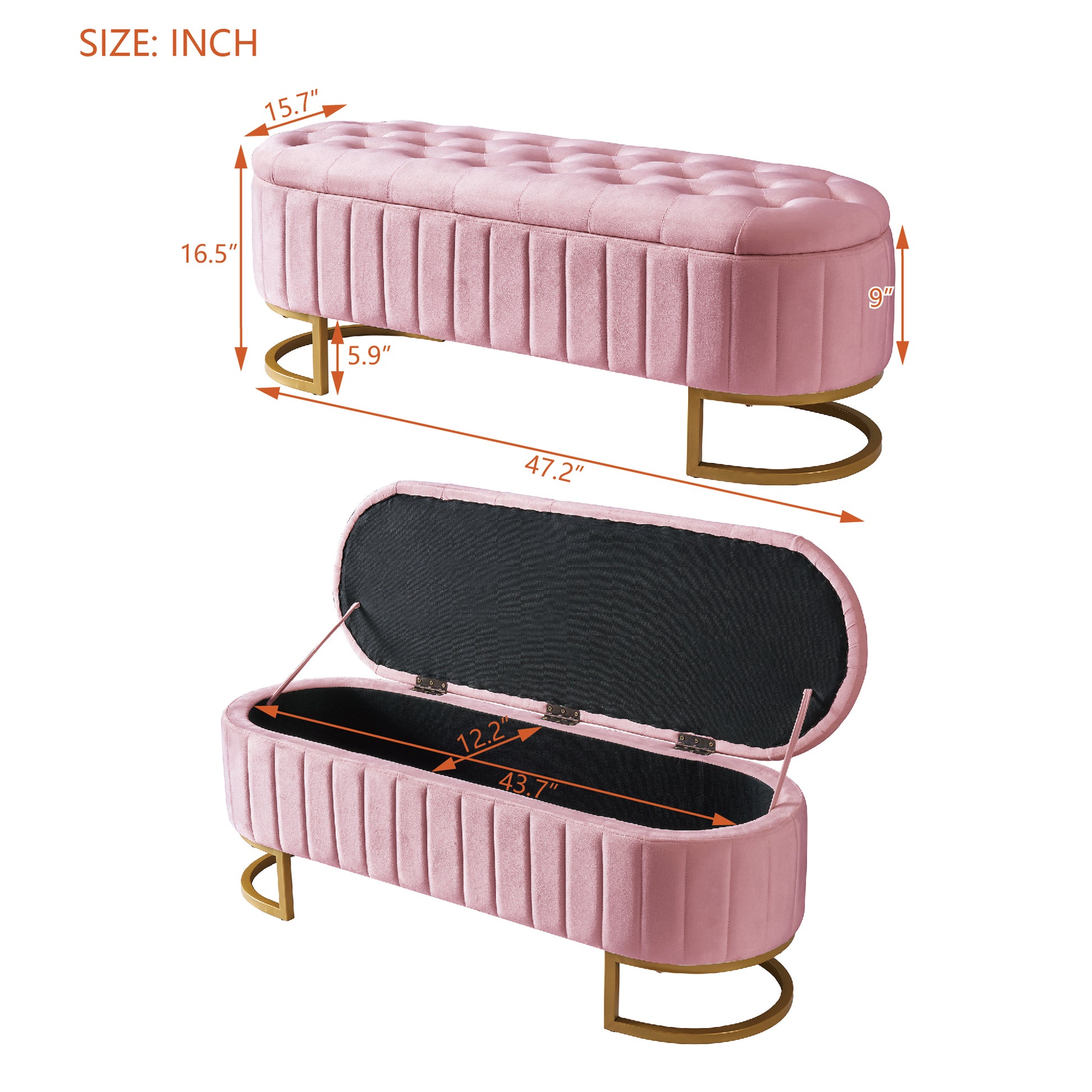 Pink velvet storage bench with tufted top and gold base