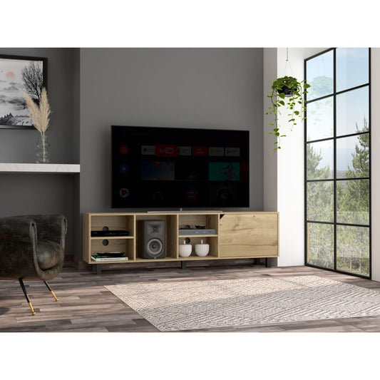 Modern oak entertainment center with open shelves and cabinet for media storage