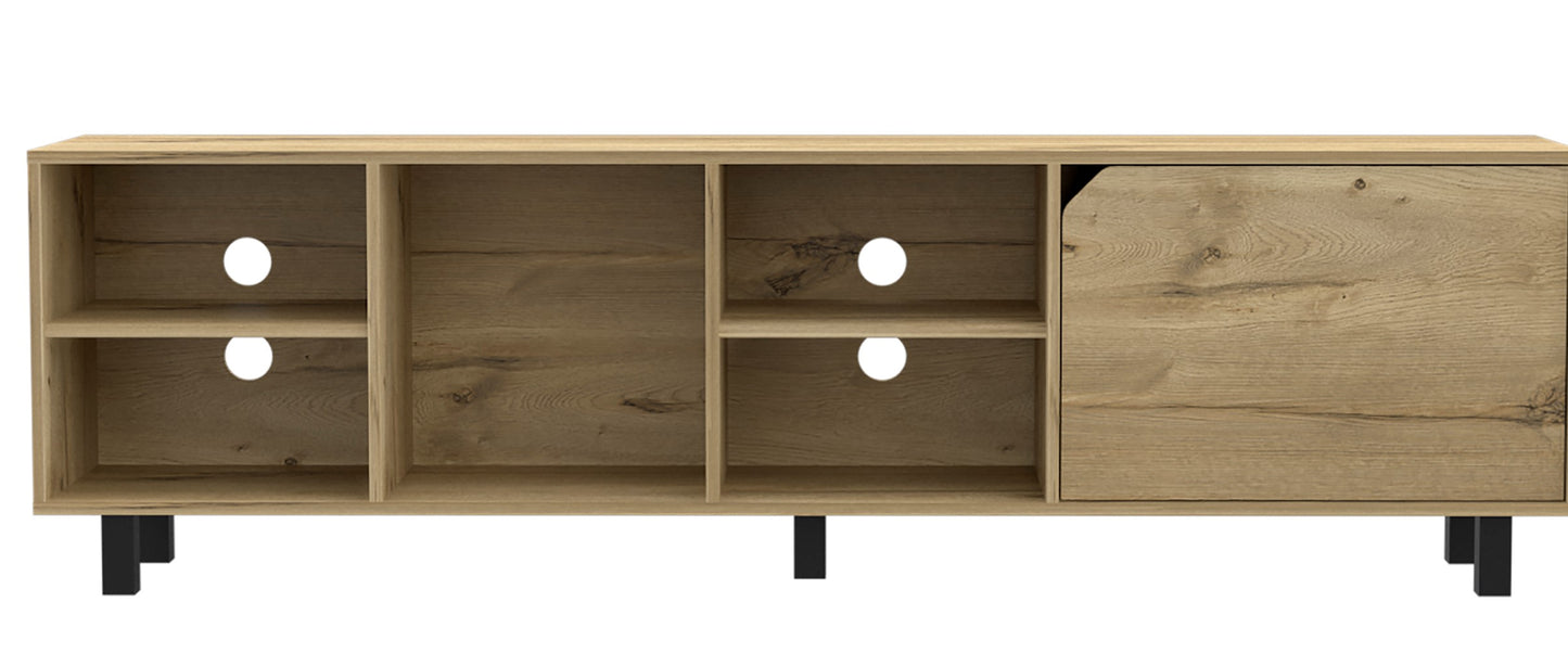 Rustic oak wood TV stand with open shelves and black metal legs
