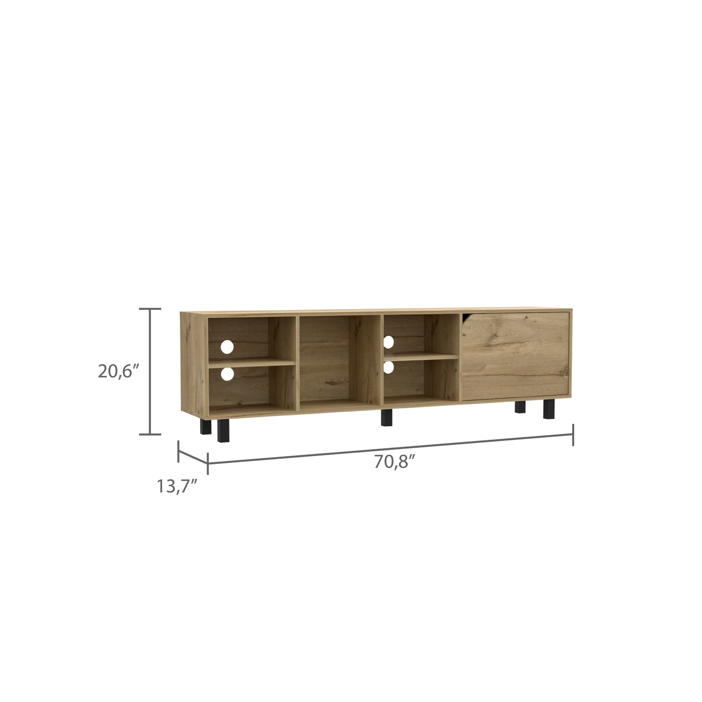 Light oak media console with open shelves and a cabinet on black legs