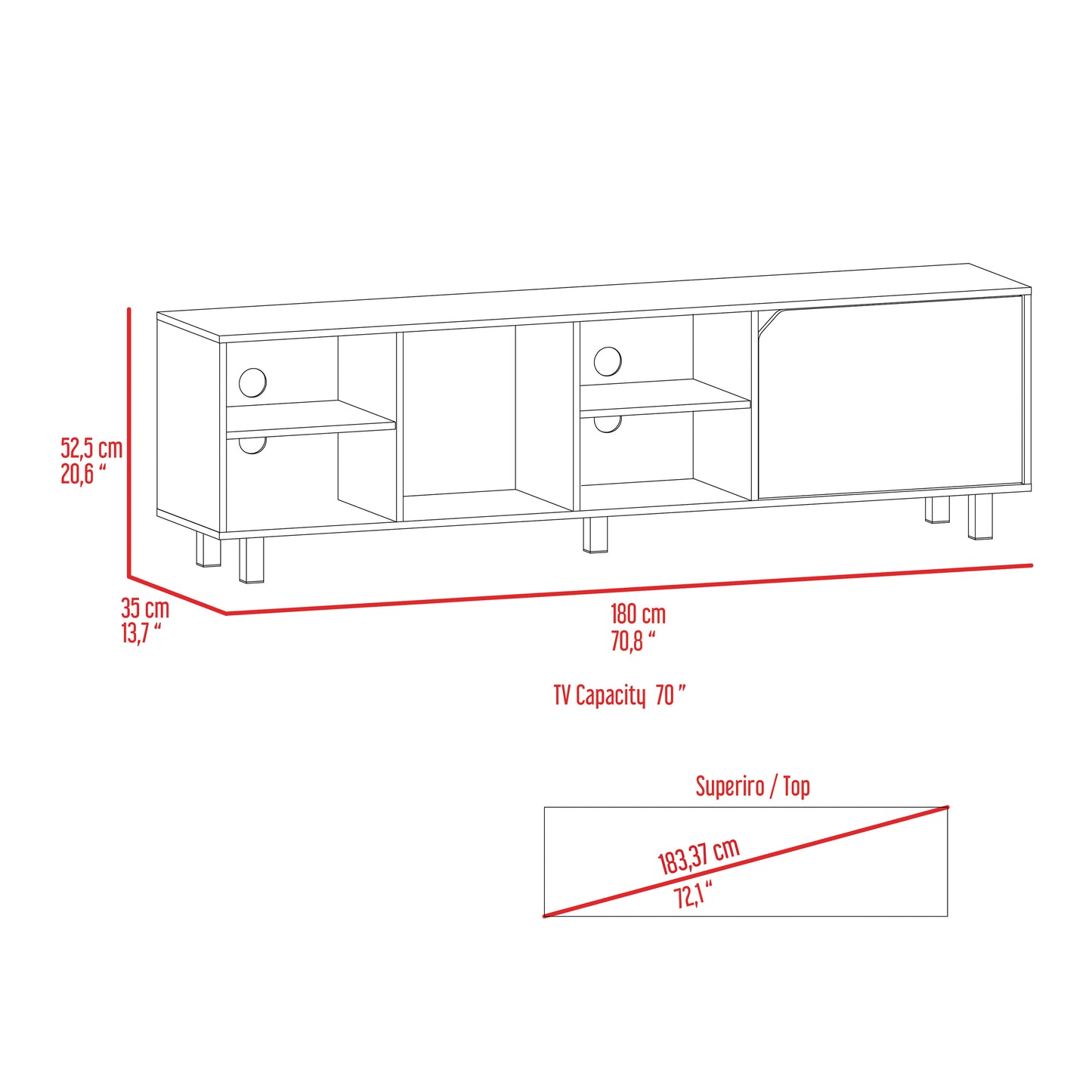 Diagram of a white media console with dimensions showing cm width