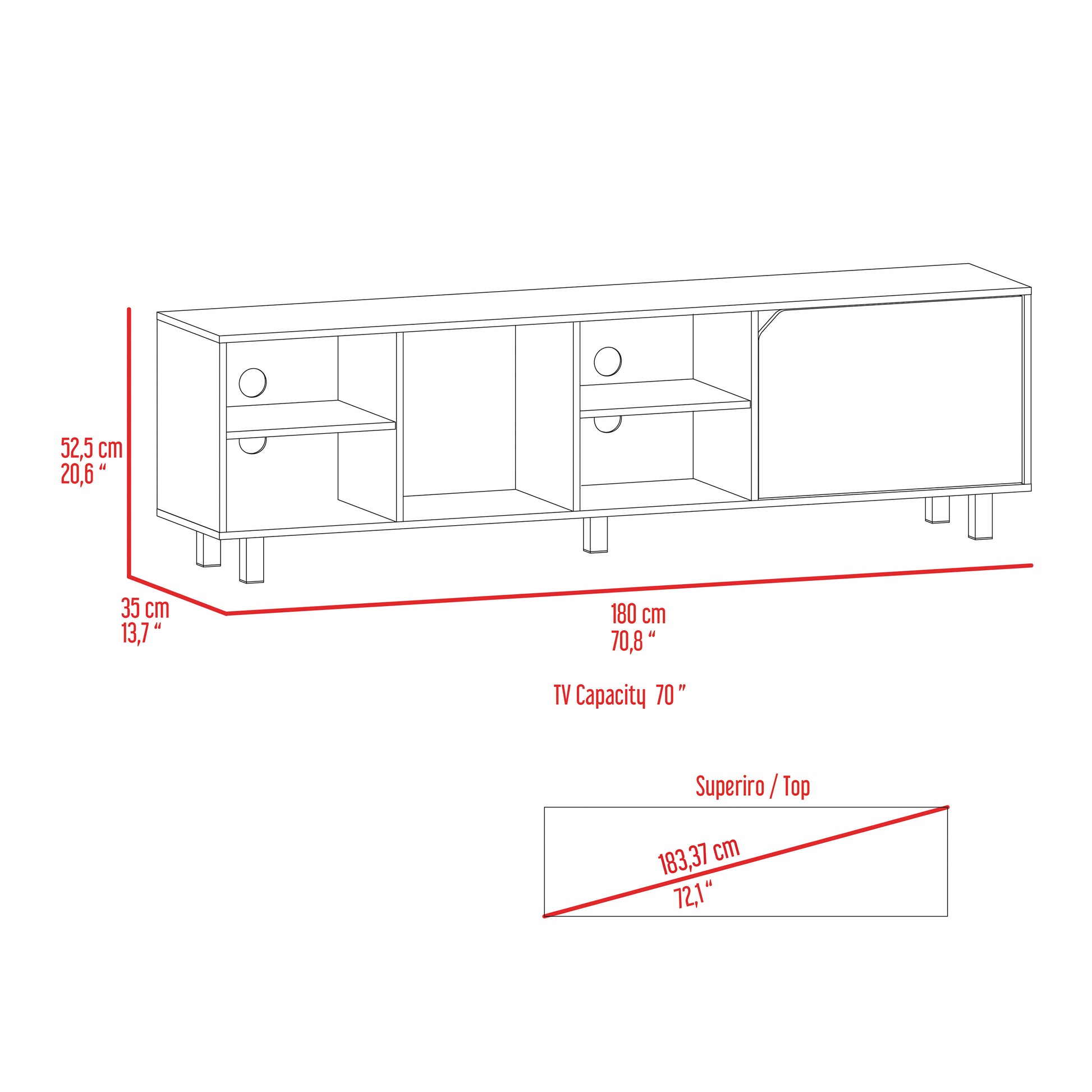 Diagram of a white media console with dimensions showing cm width