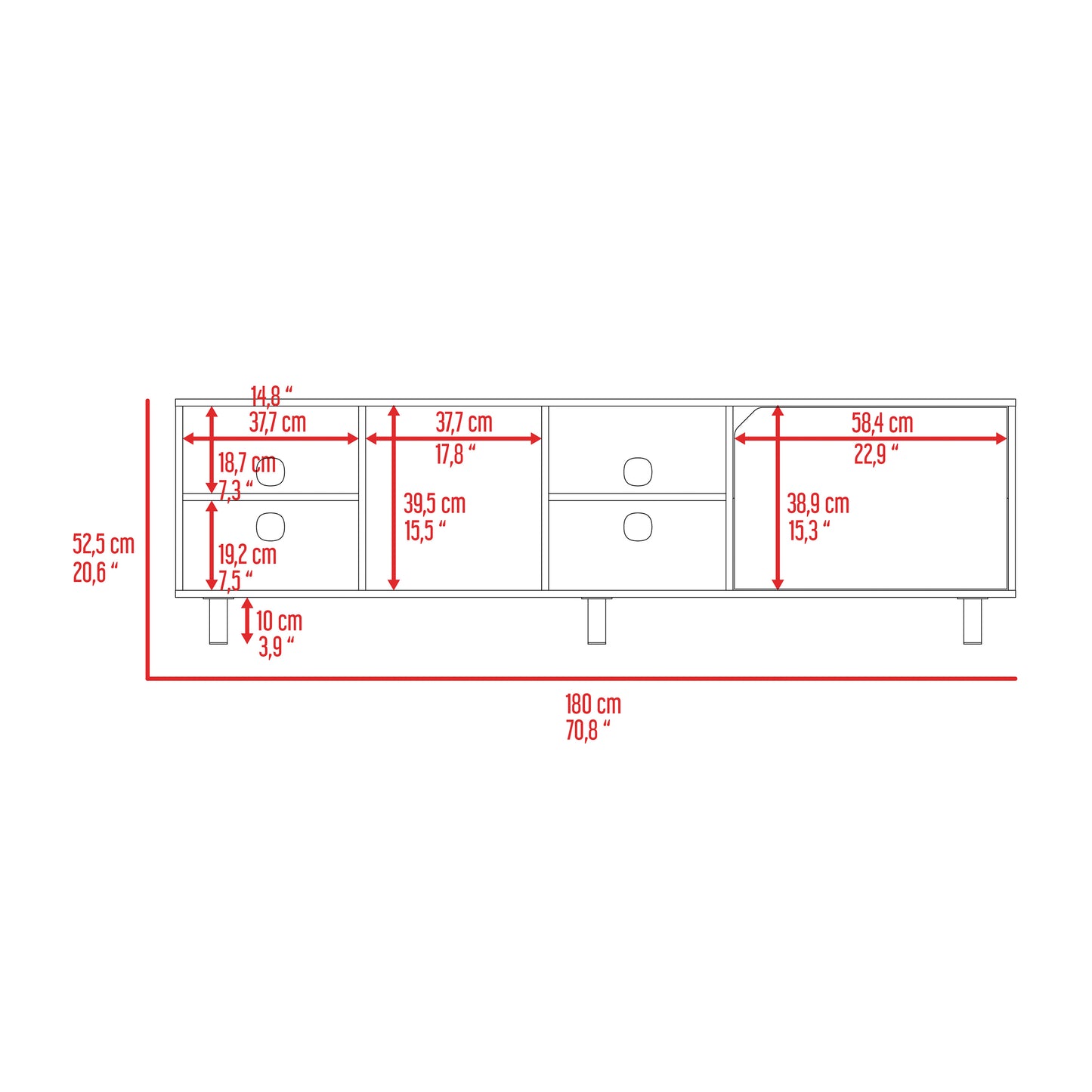 Diagram shows dimensions for a modern TV stand with open shelves and drawers