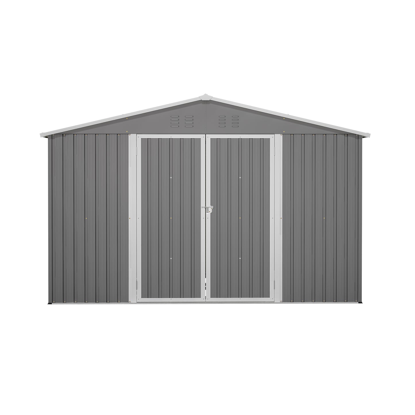 Gray metal garden shed with double doors perfect for outdoor storage