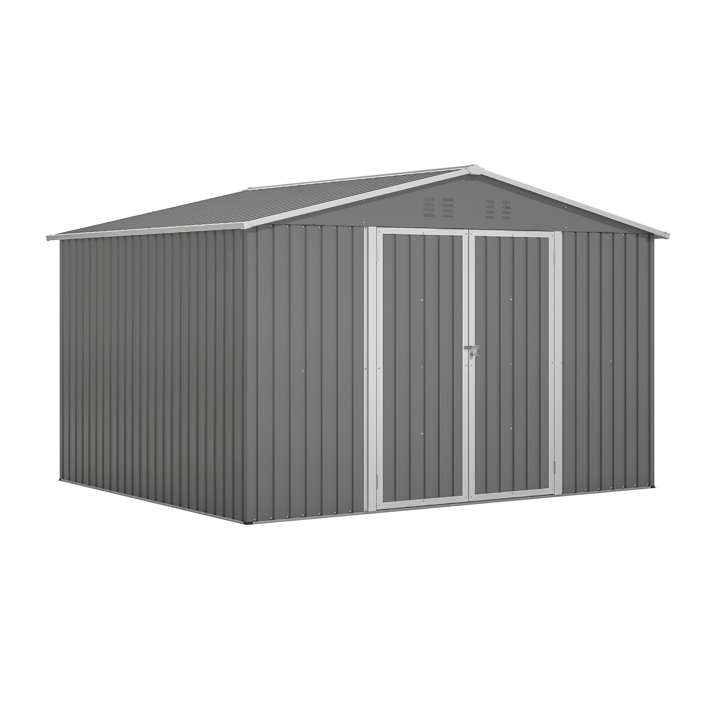 Gray metal garden shed with double doors ideal for outdoor storage