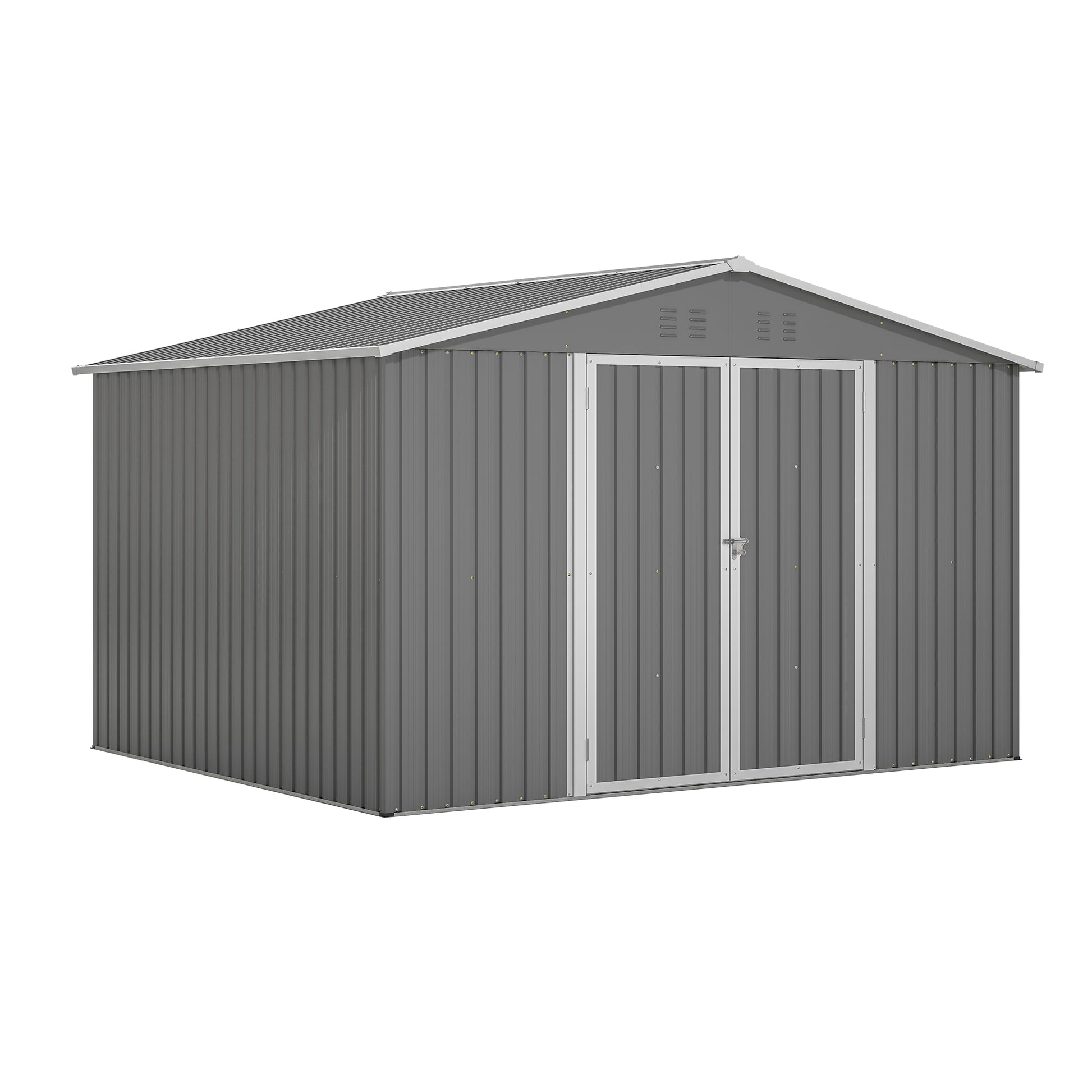 Gray metal garden shed with double doors ideal for outdoor storage