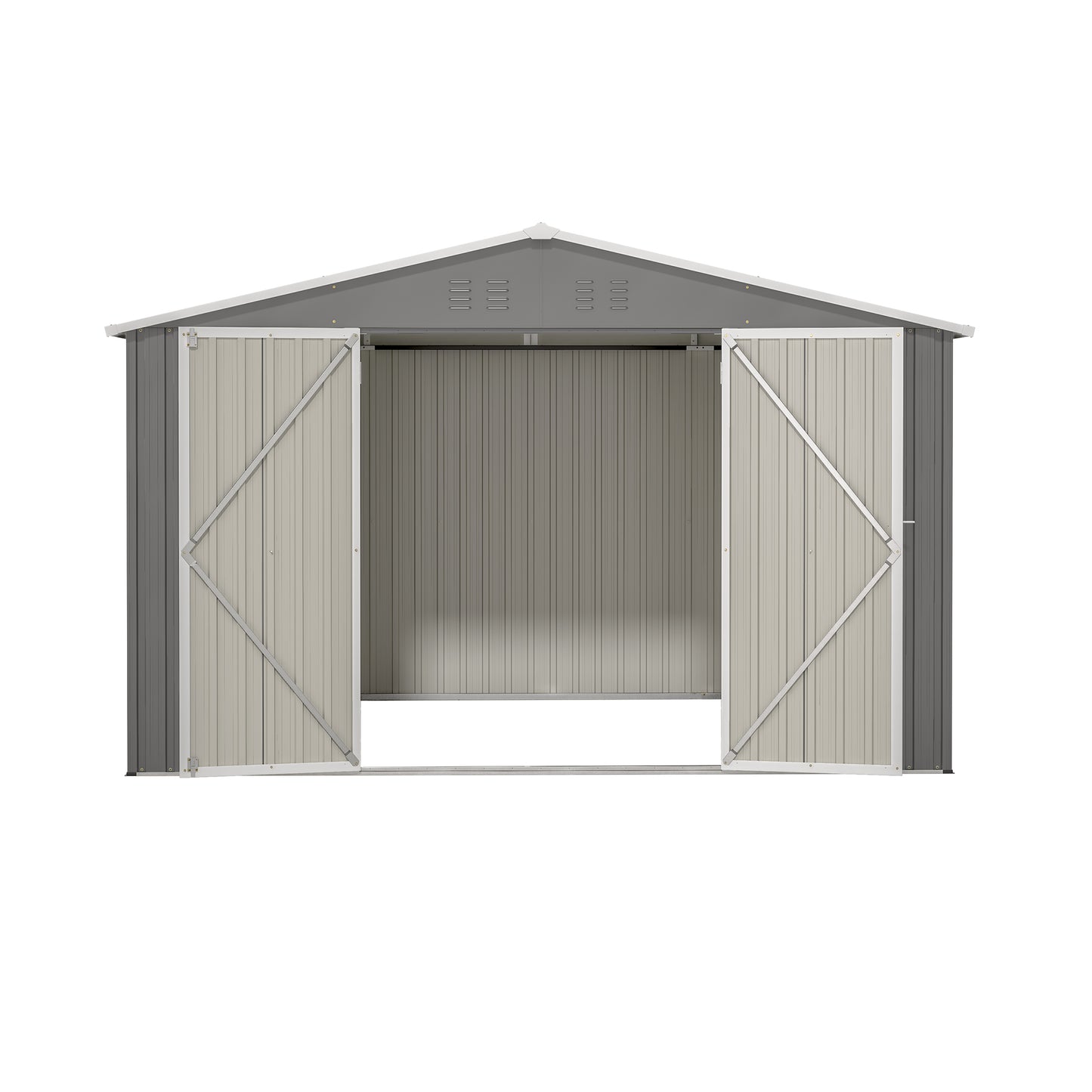 Gray metal garden shed with double doors open ideal for outdoor storage