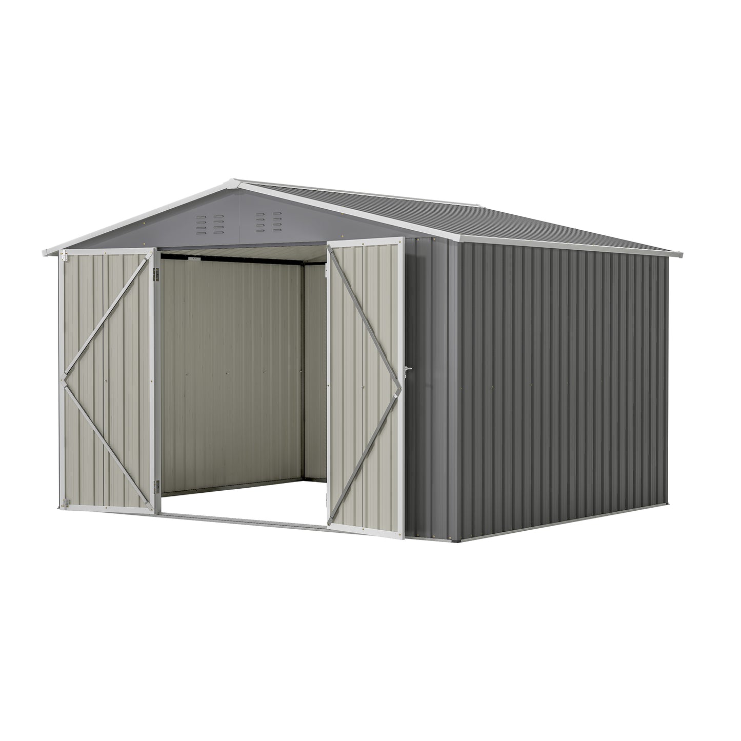 Gray metal garden shed with double doors open spacious storage solution