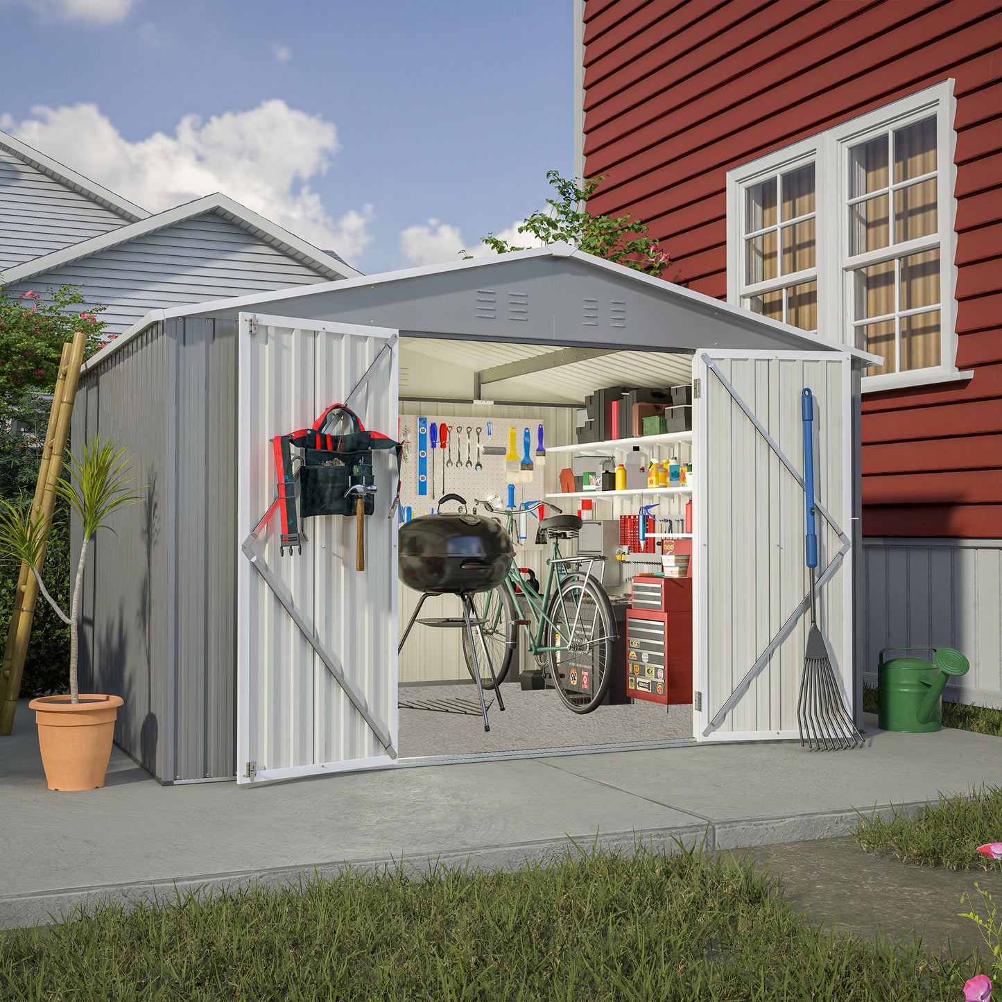 Gray metal shed with double doors storing a bicycle and tools