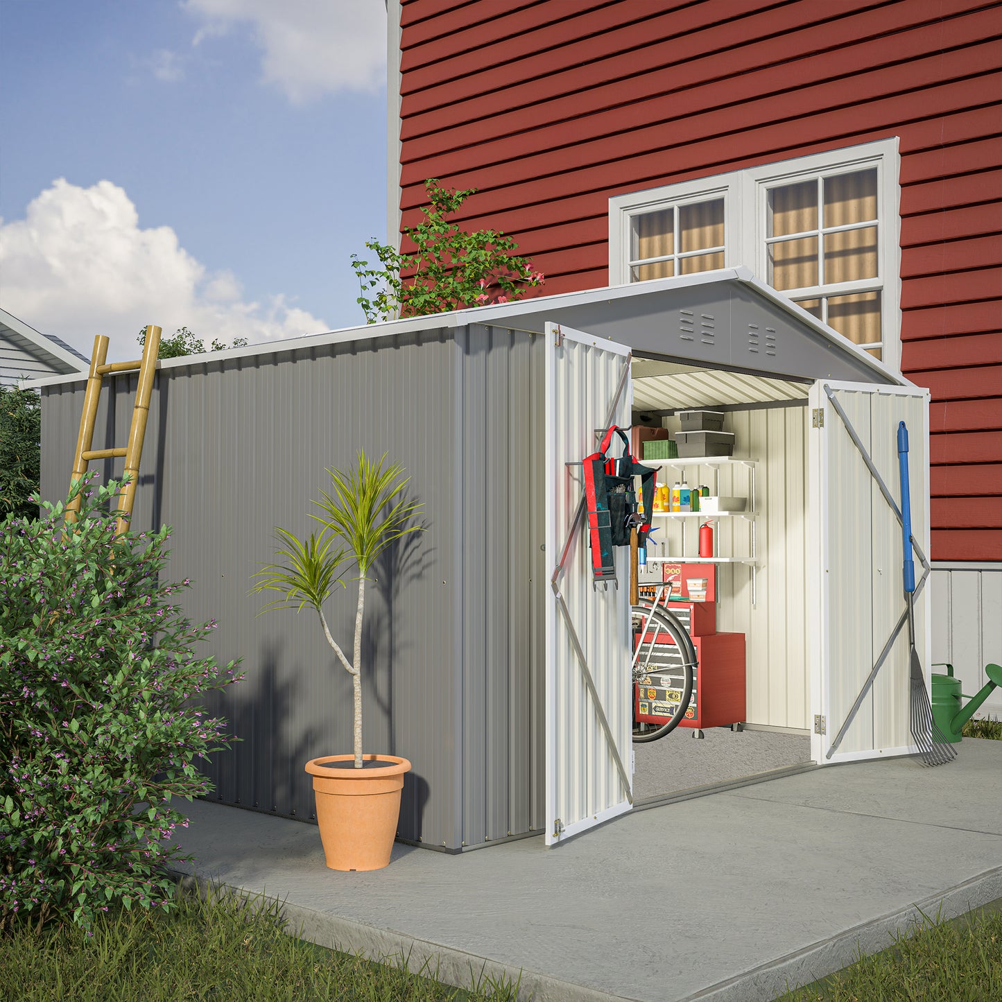 Grey metal garden shed with open doors showing bicycle and tools inside