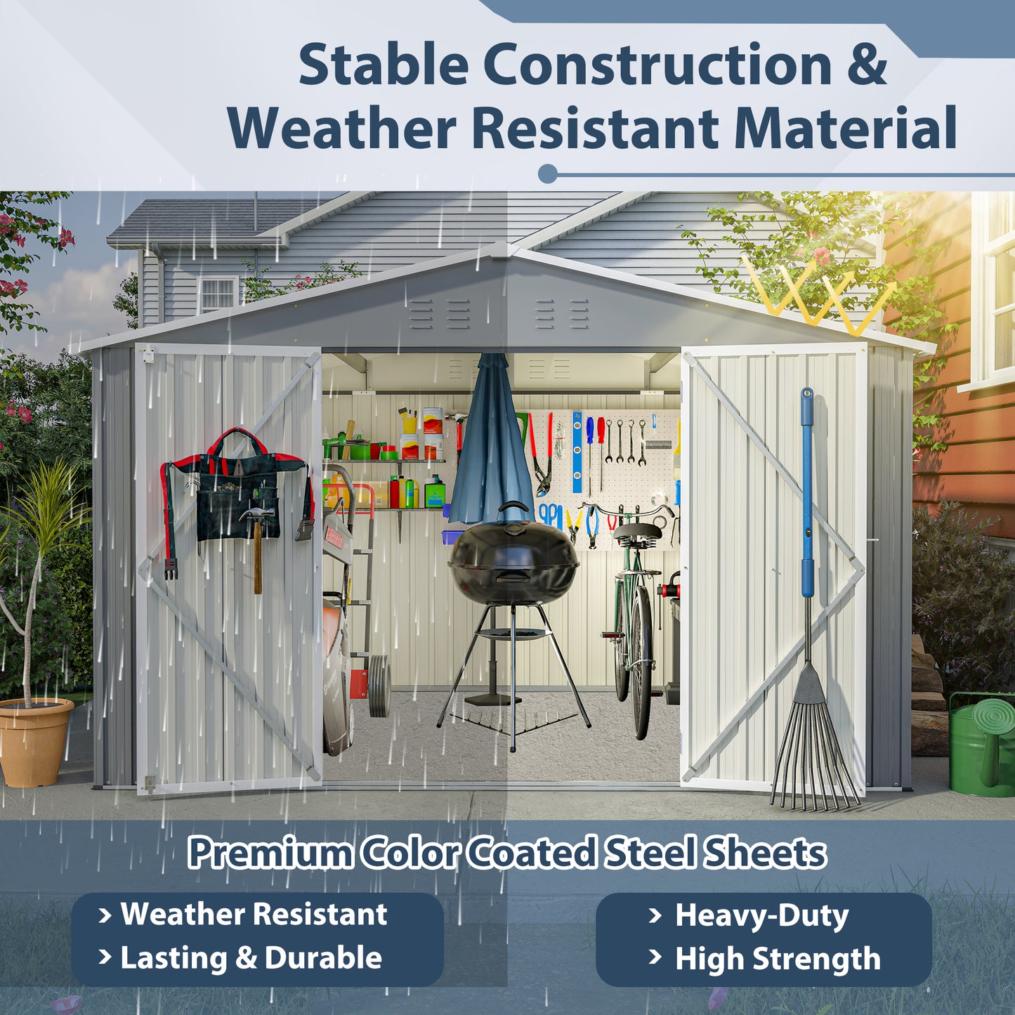 Gray metal garden shed with tools and lawnmower inside showing weather resistance