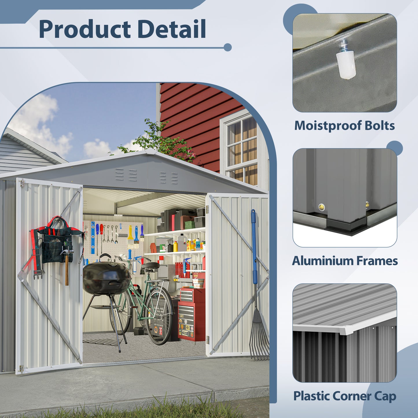 Grey metal garden shed with double doors barbecue and bicycle inside