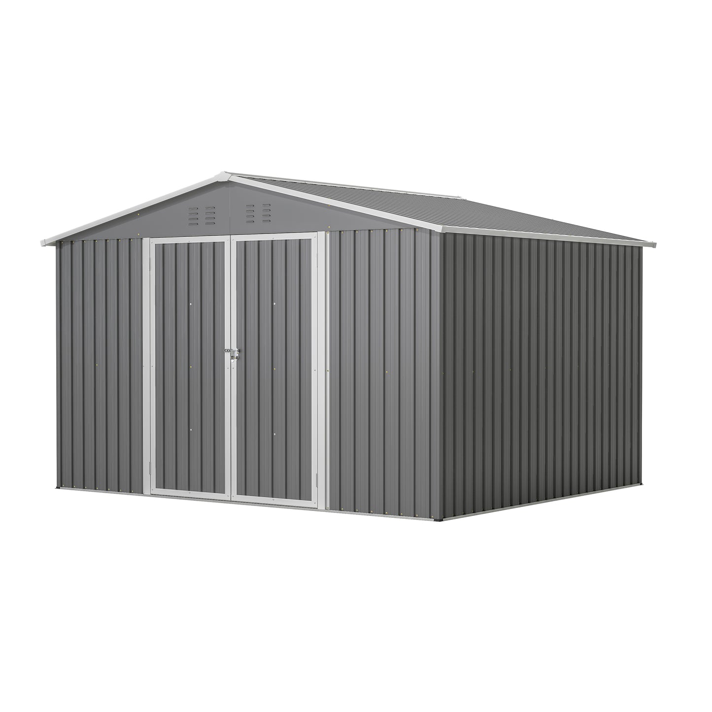 Gray metal garden shed with double doors and pitched roof for outdoor storage
