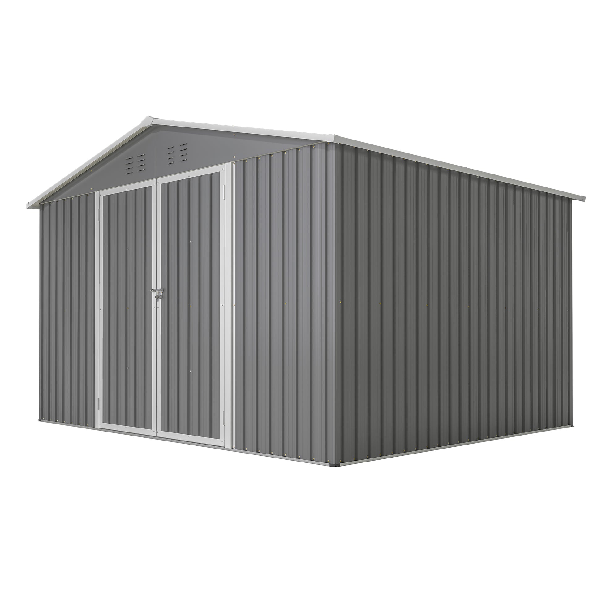 Gray metal storage shed with double doors and silver trim Great for garden tools