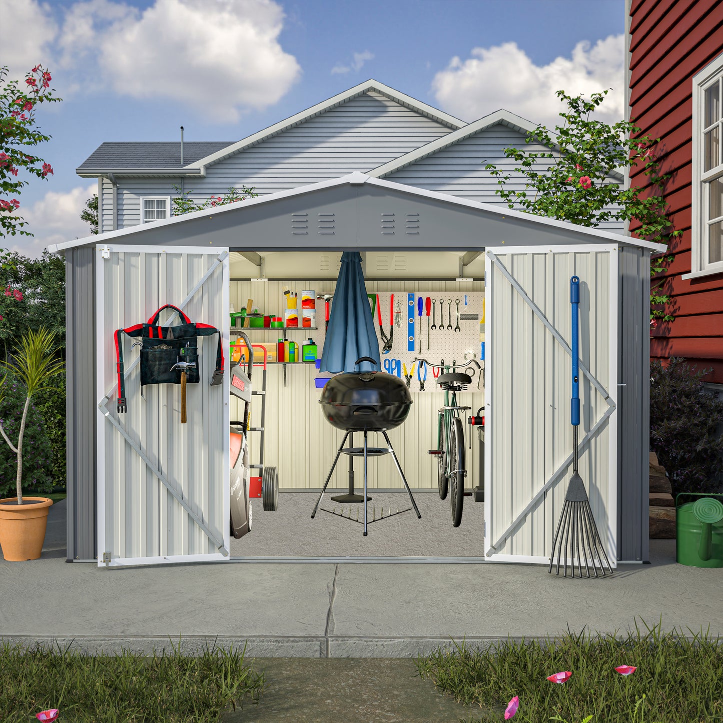 Open metal garden shed filled with tools barbecue grill and bicycle