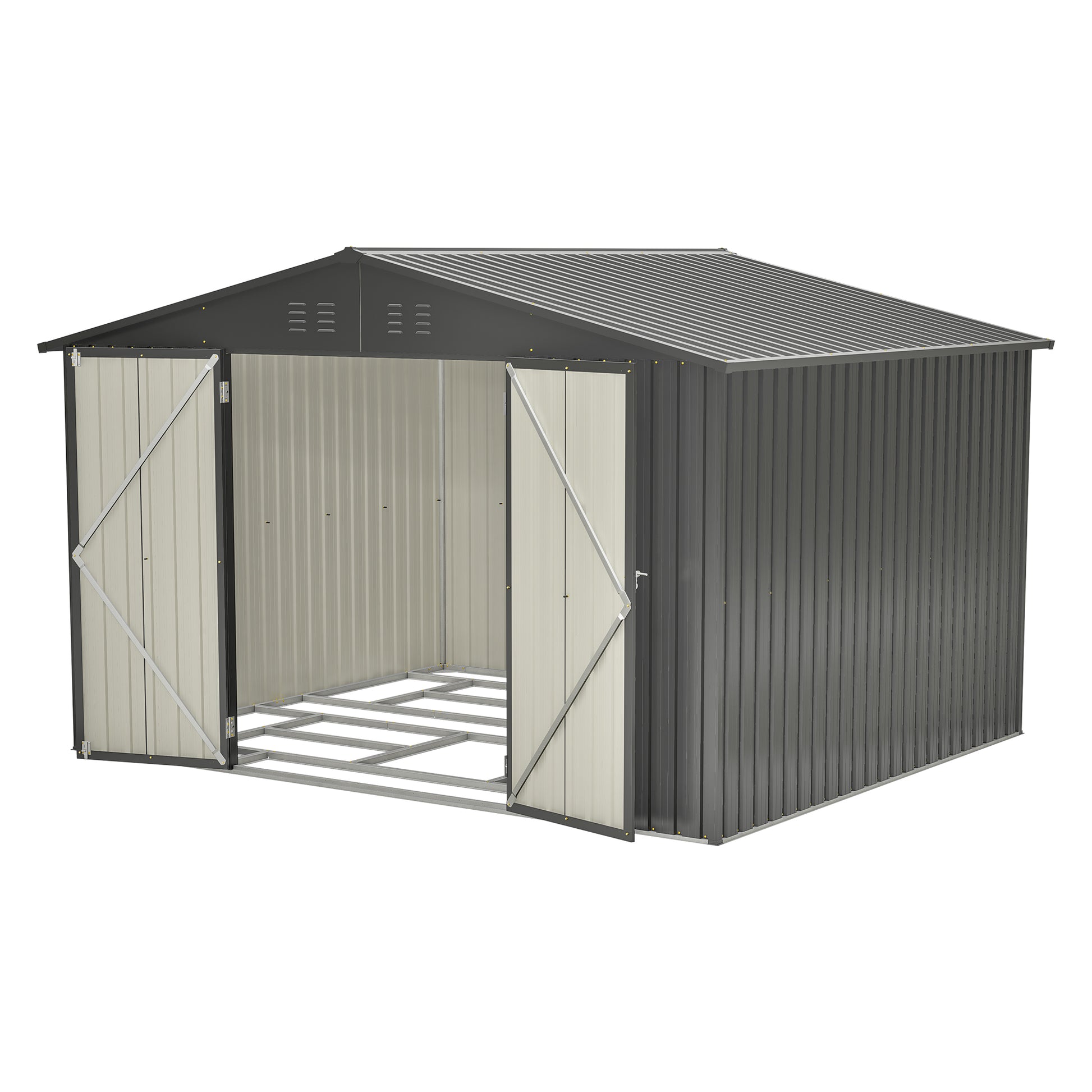 Gray metal garden shed with double doors open ideal for outdoor storage