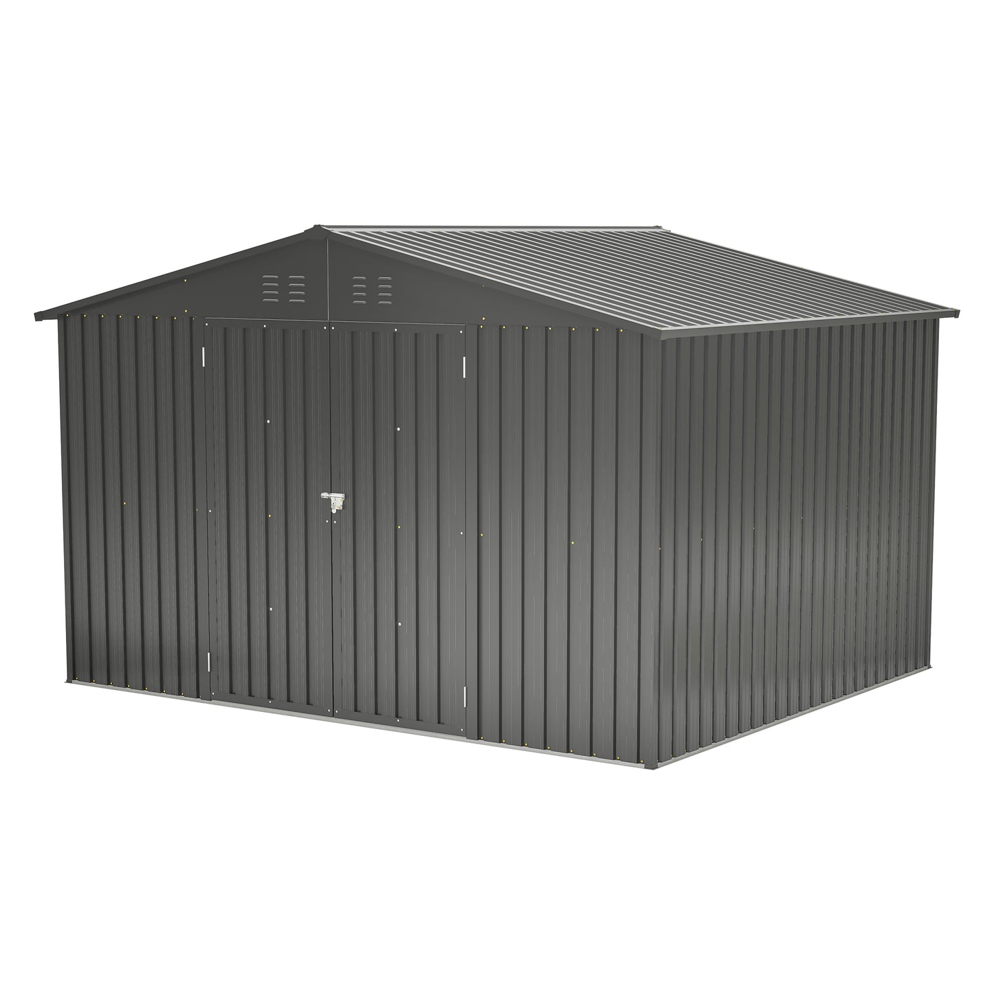 Dark gray metal garden shed with double doors and vented gable