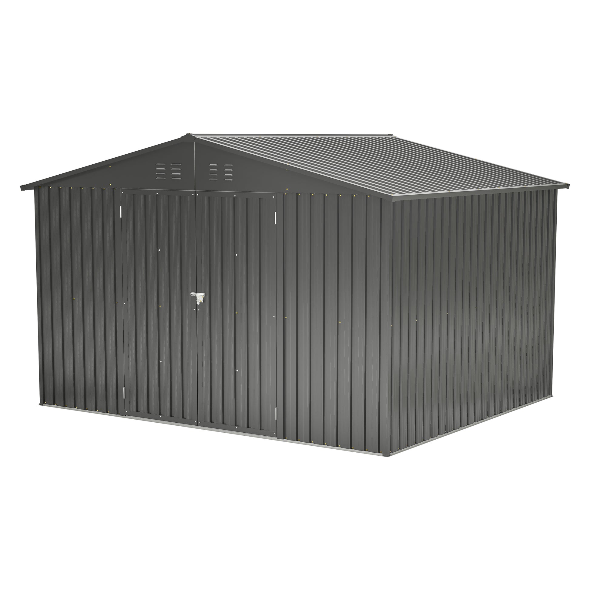 Dark gray metal garden shed with double doors and vented gable