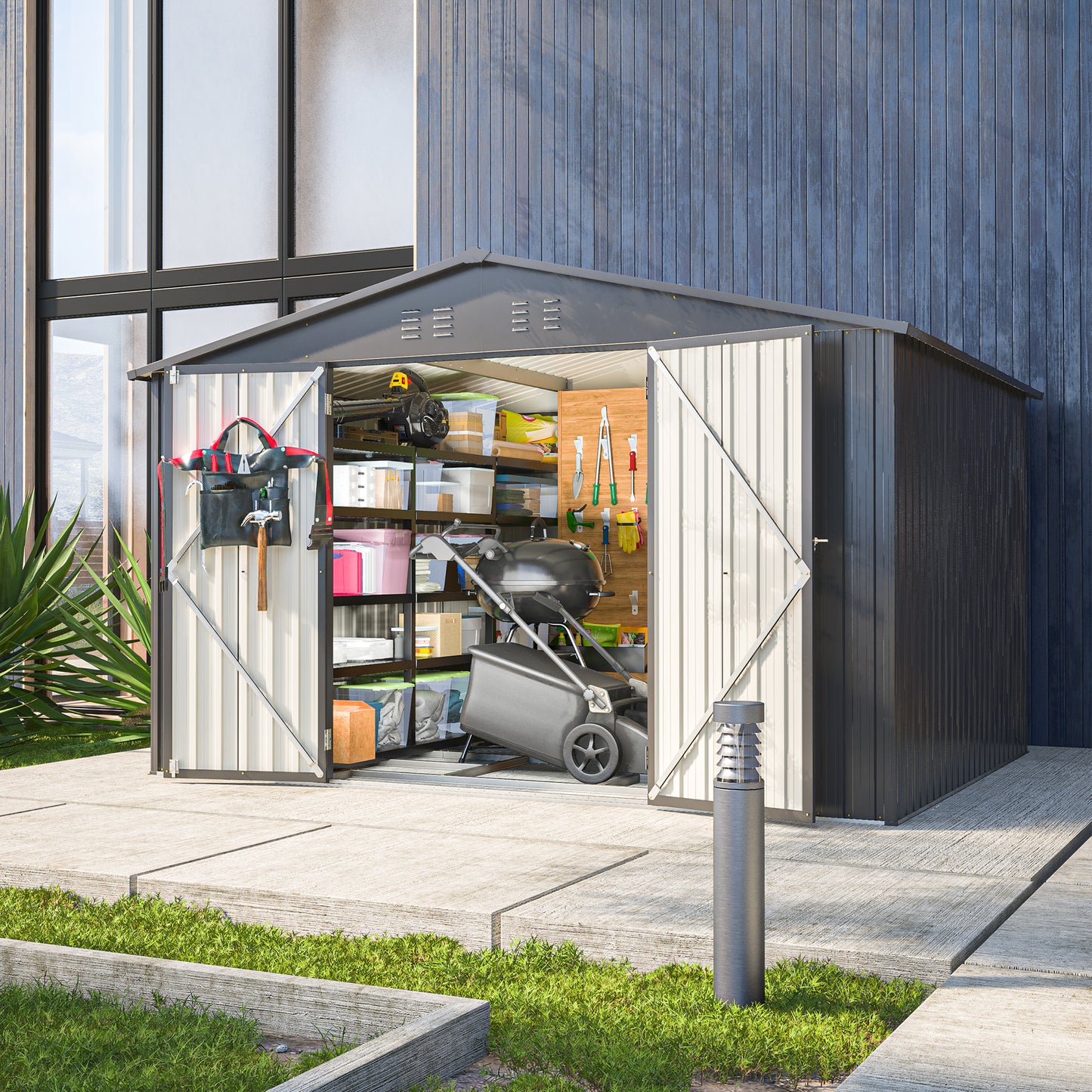 Large metal garden shed with open double doors revealing storage and lawnmower