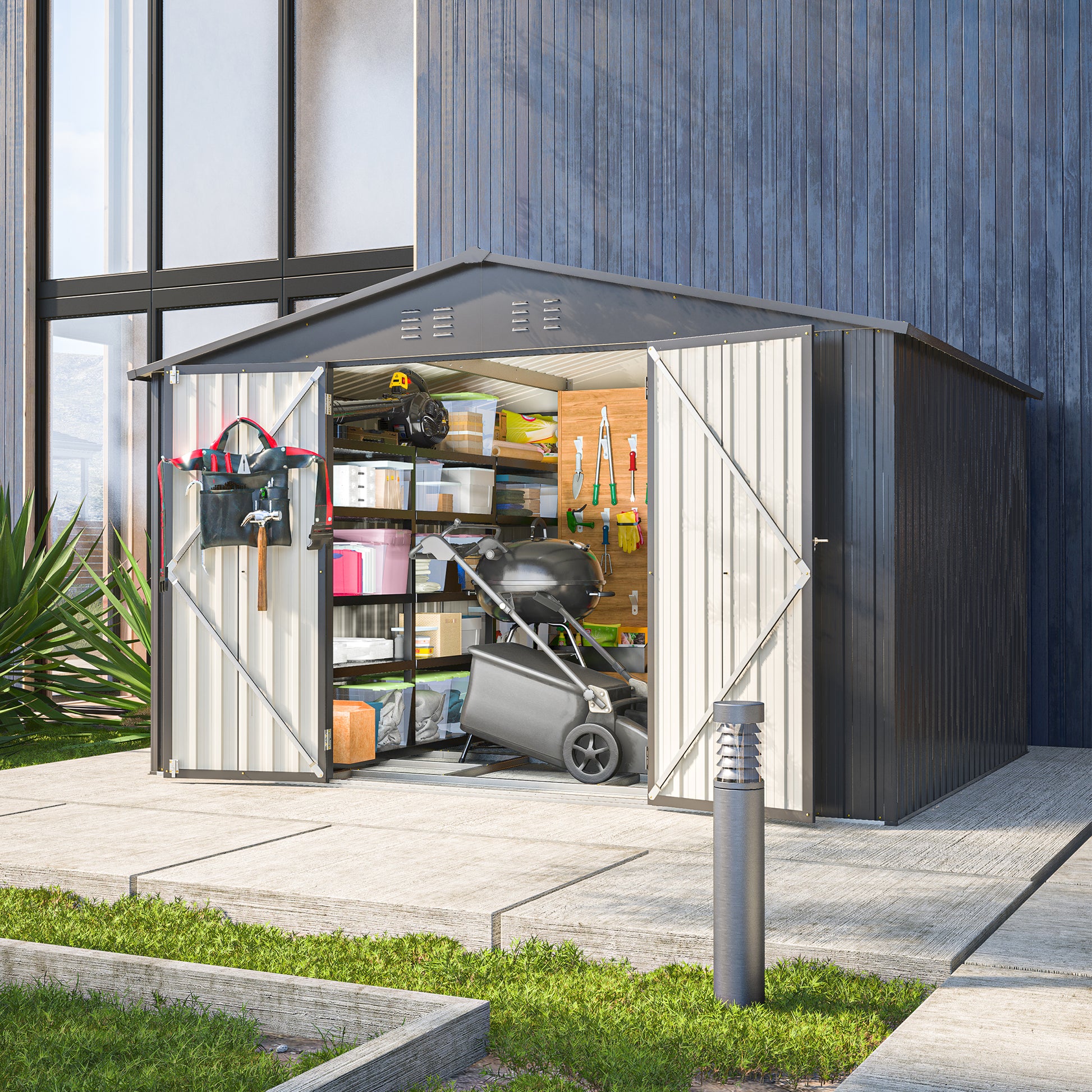 Large metal garden shed with open double doors revealing storage and lawnmower