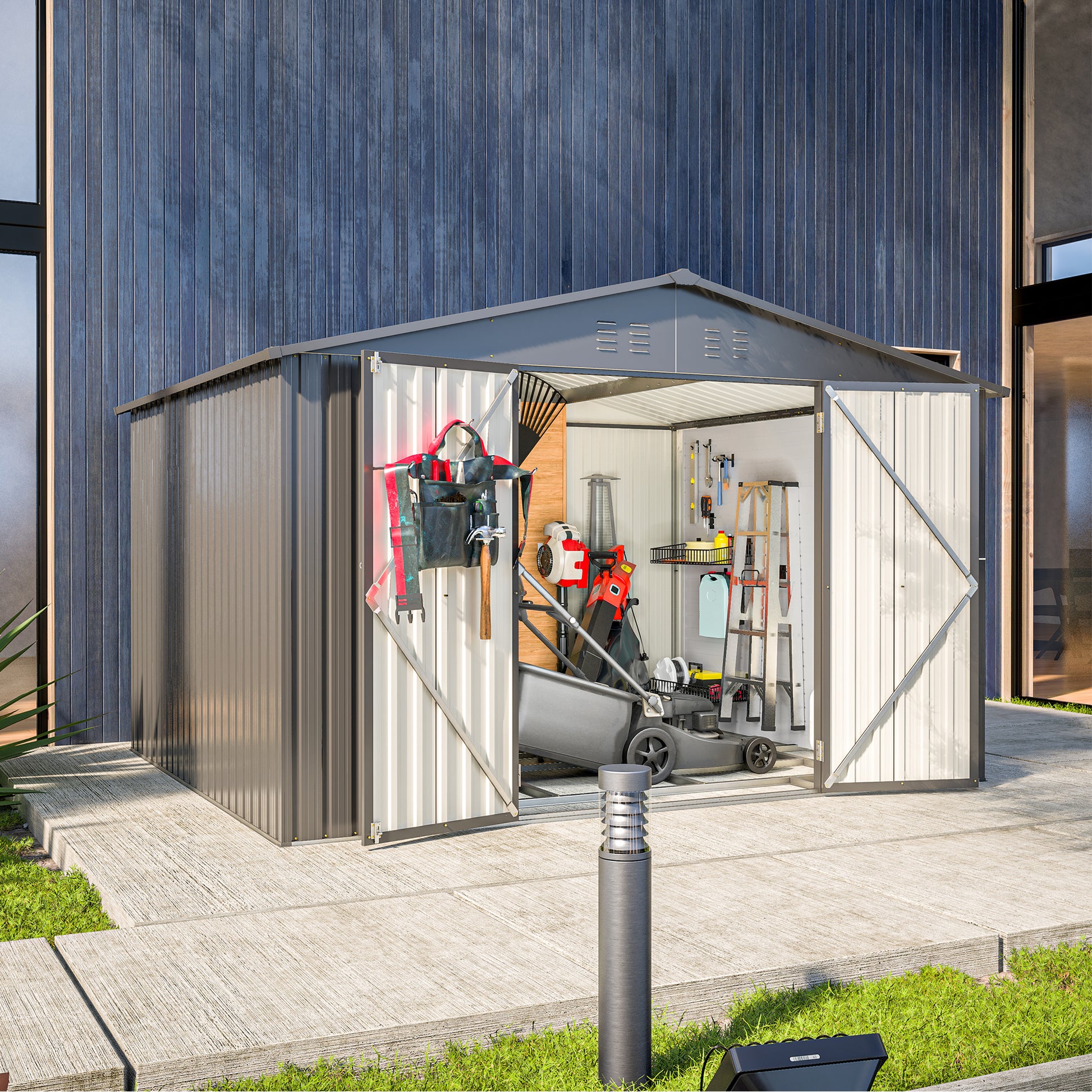 Durable grey metal garden shed with open doors showcasing lawnmower and tools