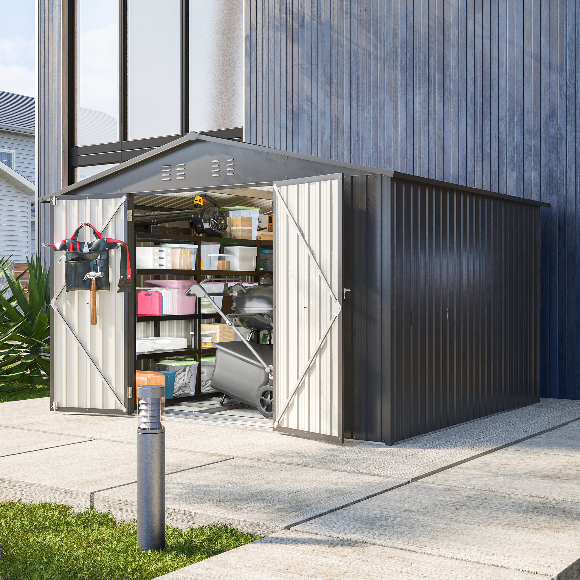 Modern metal garden shed with double doors and organized storage shelves