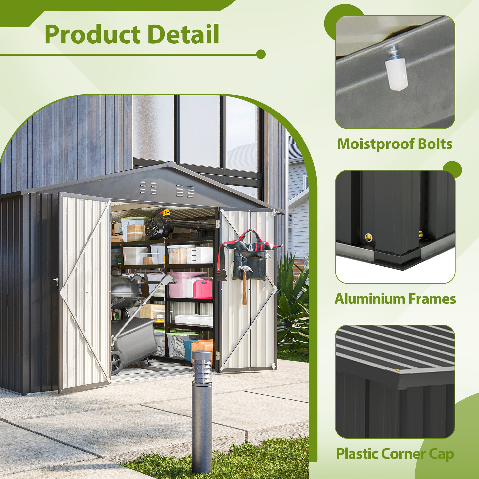 Galvanized steel garden shed with wide double doors organizing tools and equipment