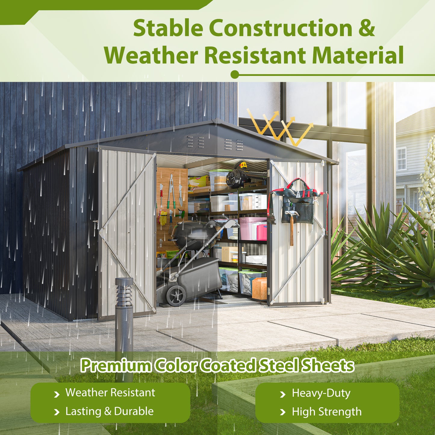 Durable garden shed with weatherproof steel construction and ample storage space