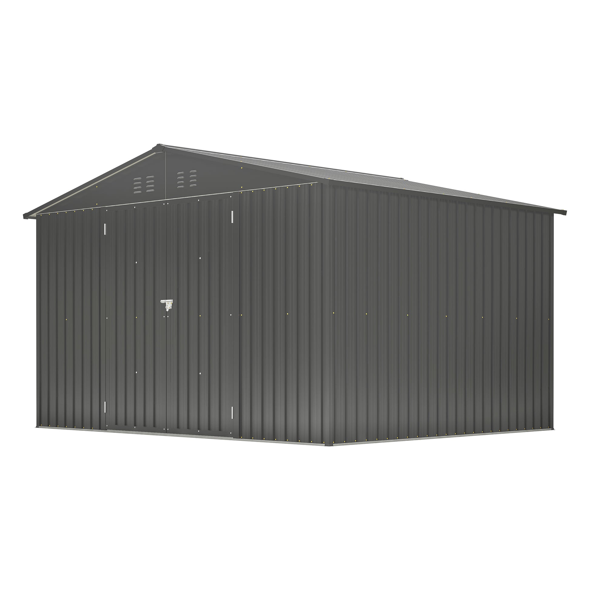 Gray metal storage shed with double doors and ventilation ideal for garden tools