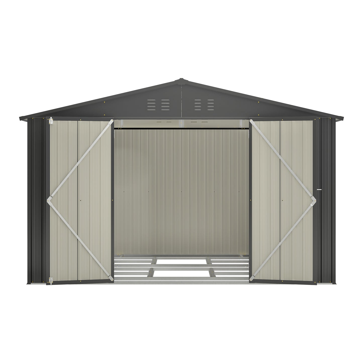 Modern metal storage shed with wide double doors and grey roof for outdoor organization