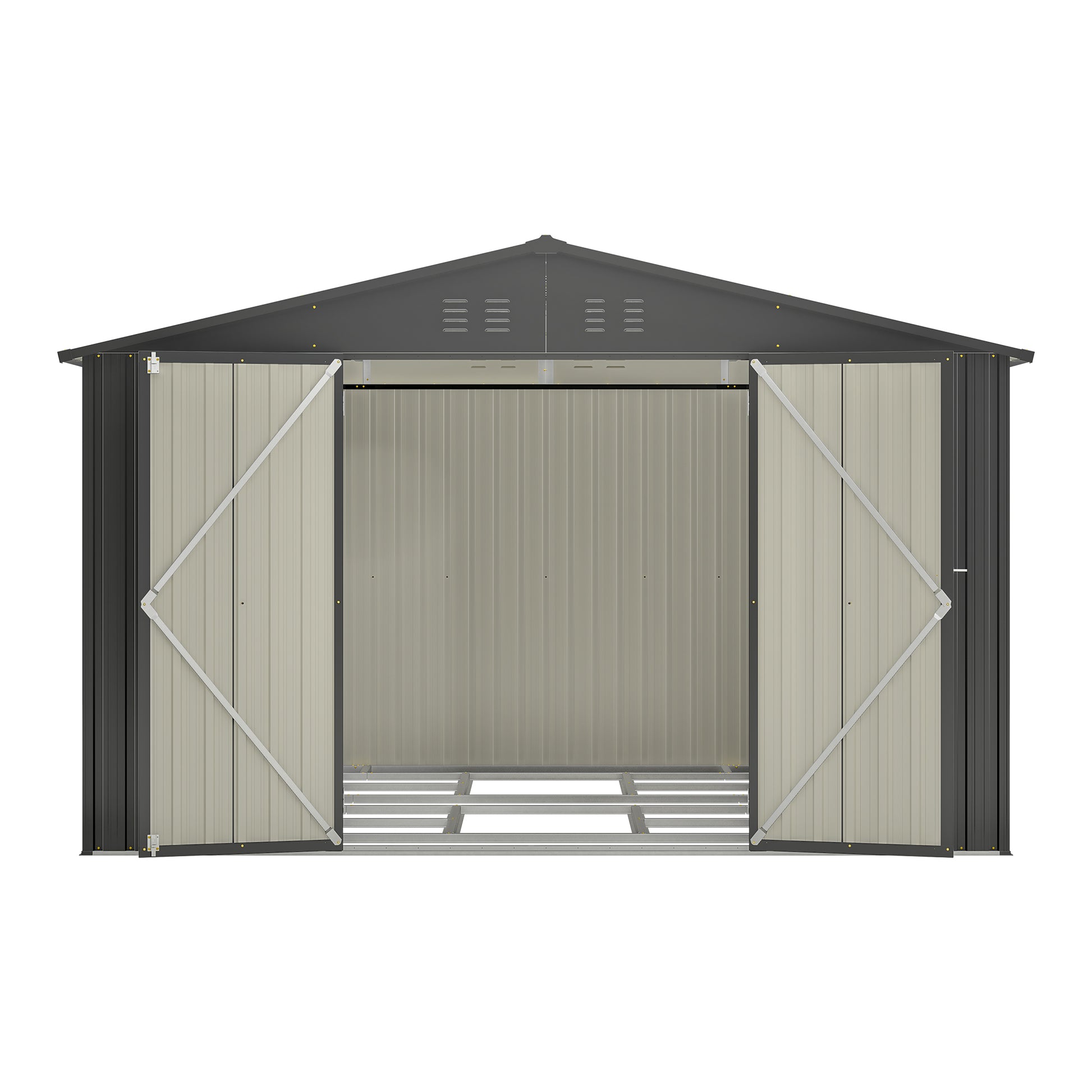 Modern metal storage shed with wide double doors and grey roof for outdoor organization