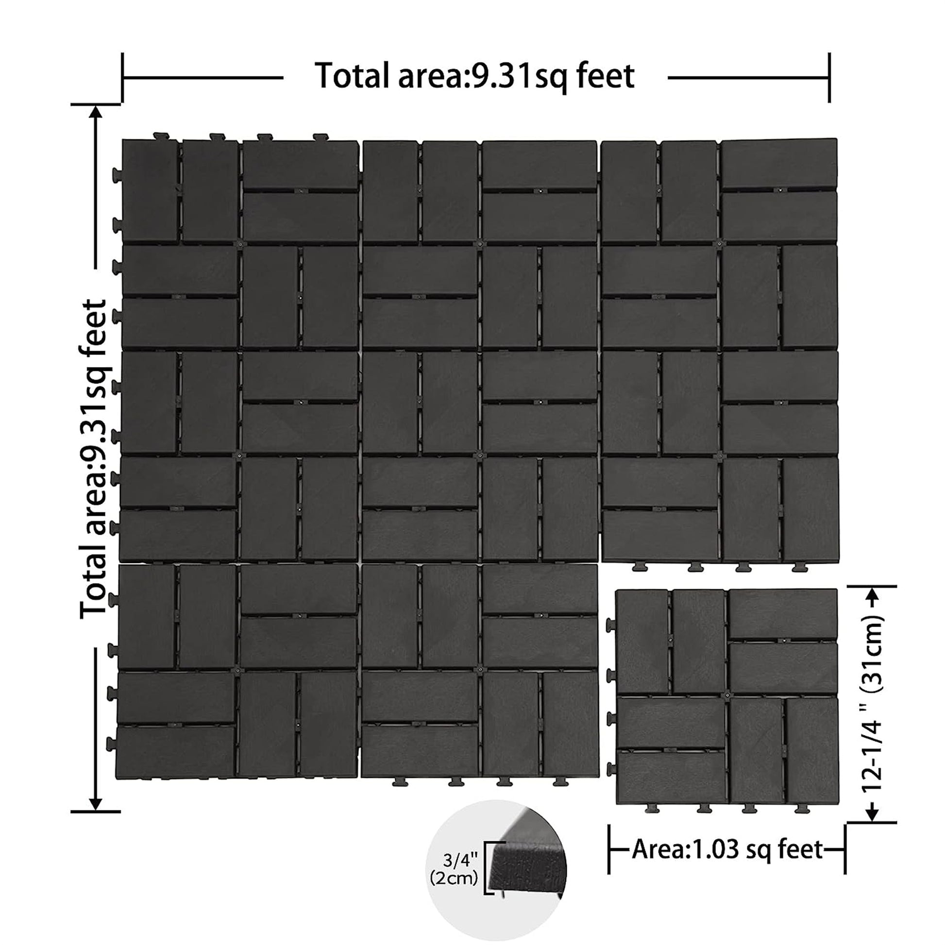 Black interlocking deck tiles for outdoor patios featuring a textured surface and  inch thickness