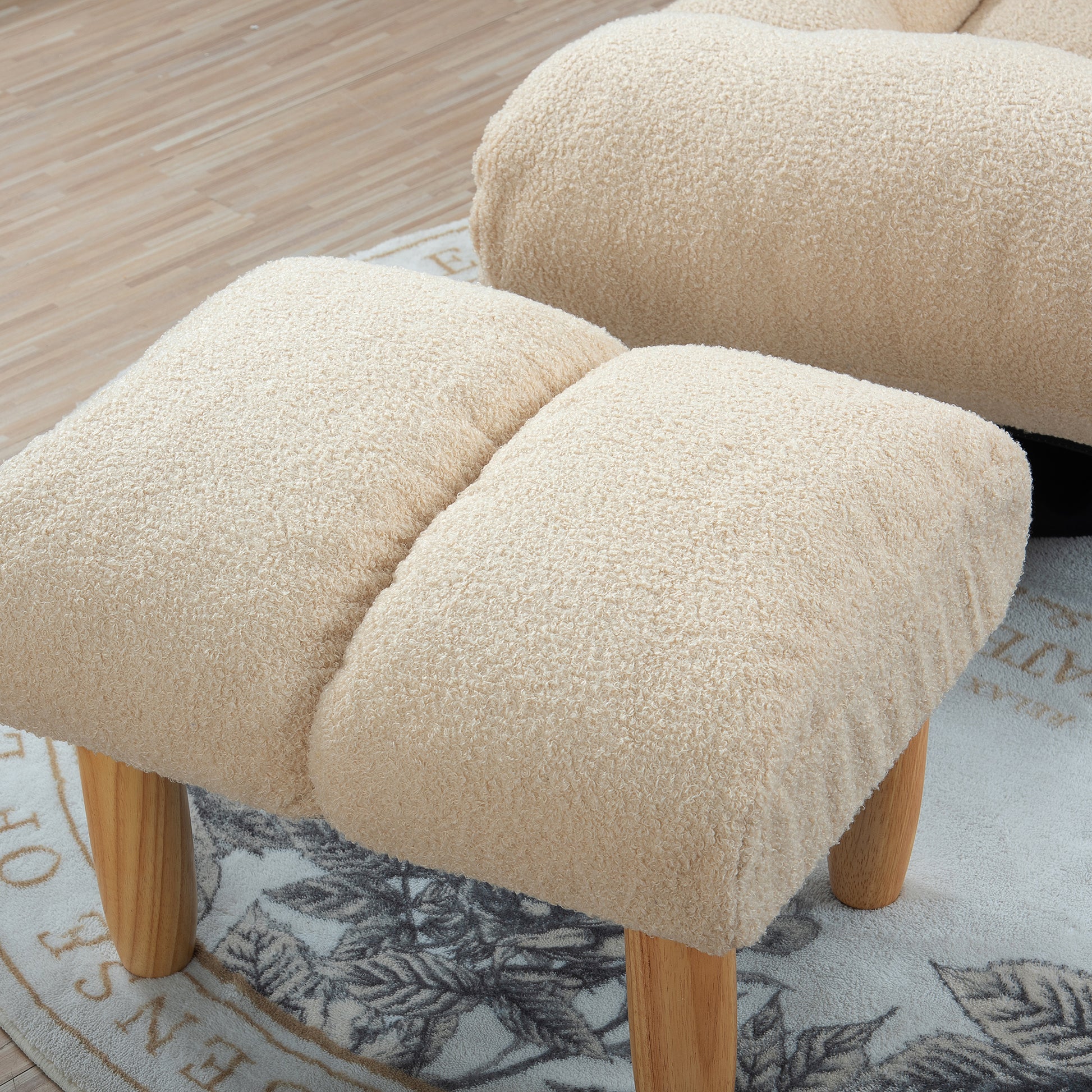 Cream boucle upholstered ottoman with wooden legs perfect for living room accent