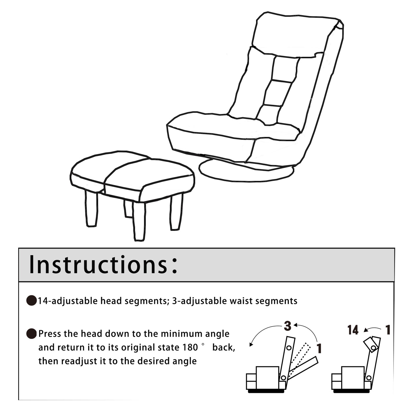 Diagram of a reclining chair and ottoman with instructions for adjustment