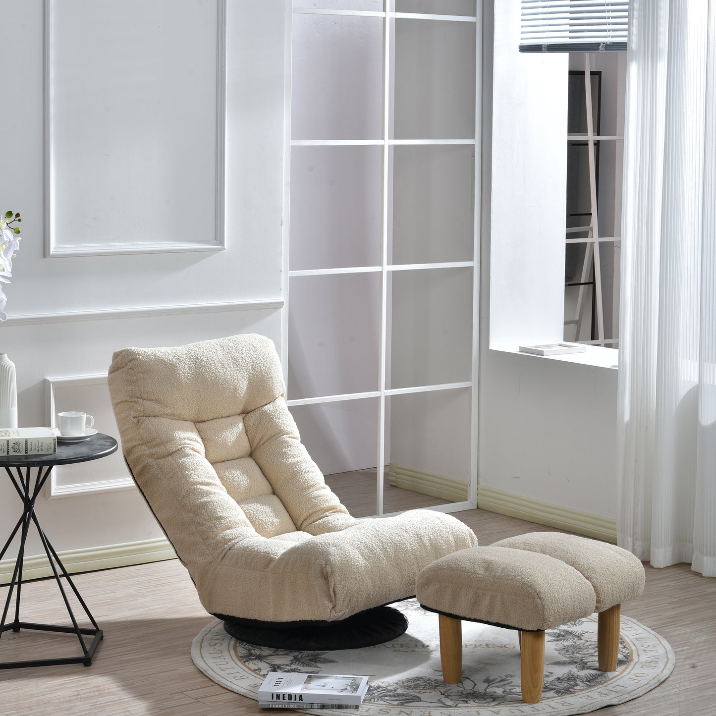 Cream sherpa plush floor chair with adjustable back and matching ottoman for cozy seating