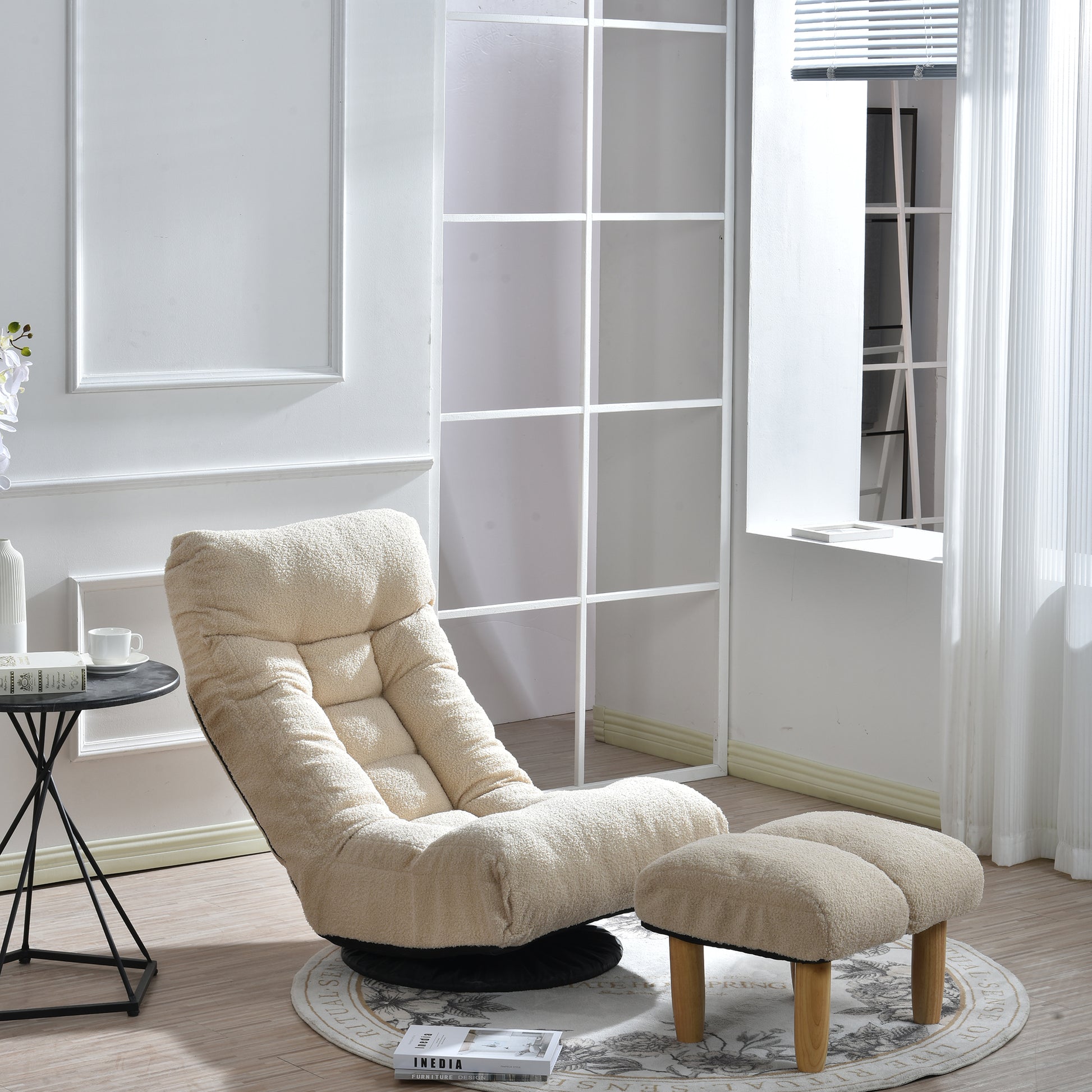 Cream sherpa plush floor chair with adjustable back and matching ottoman for cozy seating