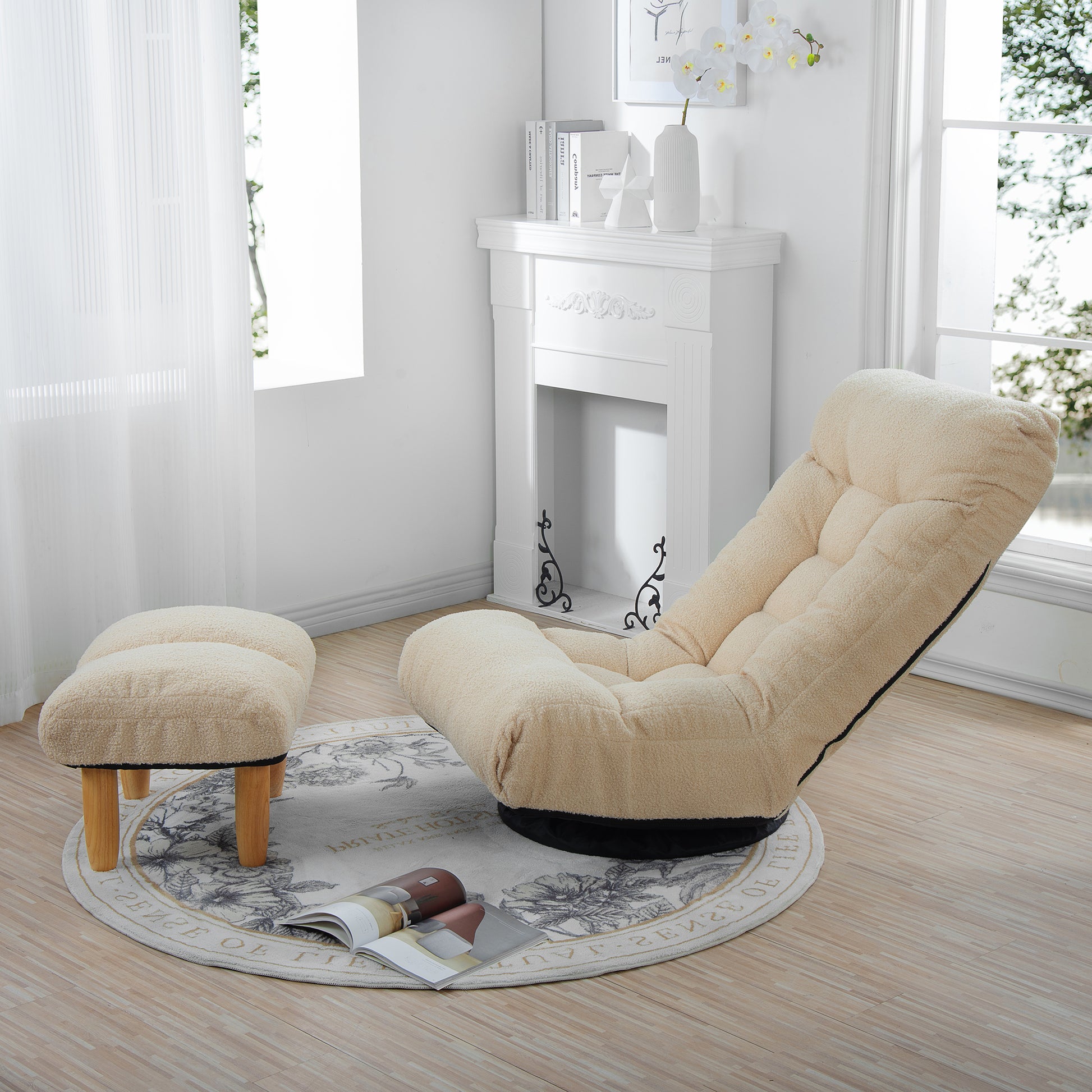 Cozy cream boucle fabric floor chair with adjustable back and matching ottoman for ultimate relaxation
