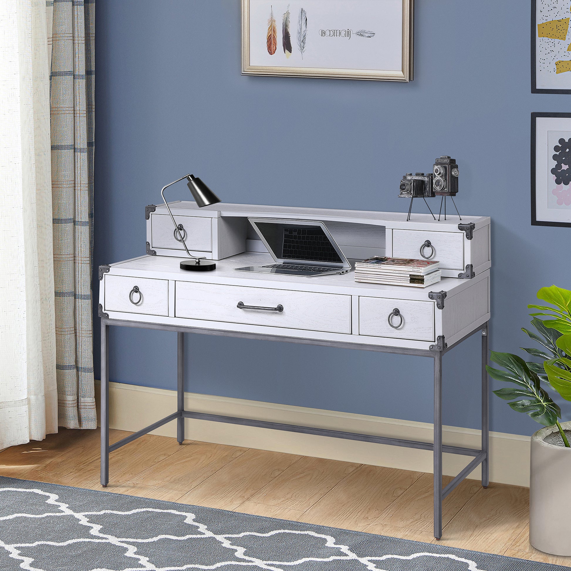 White washed secretary desk with metal legs and ring pulls perfect for a home office setup