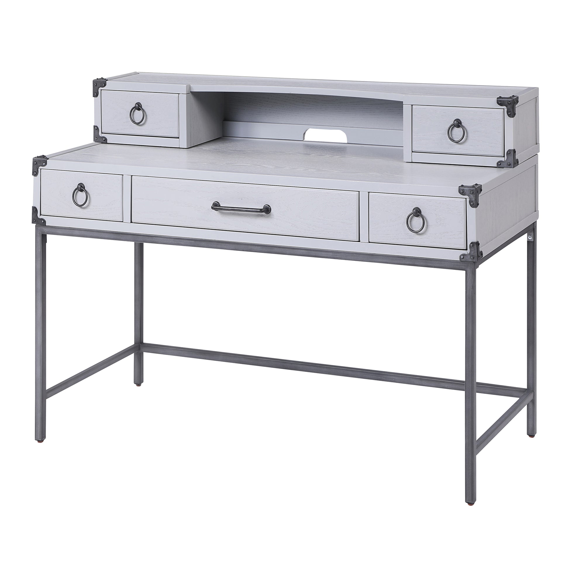 White writing desk with metal frame and ring drawer pulls ideal for home office