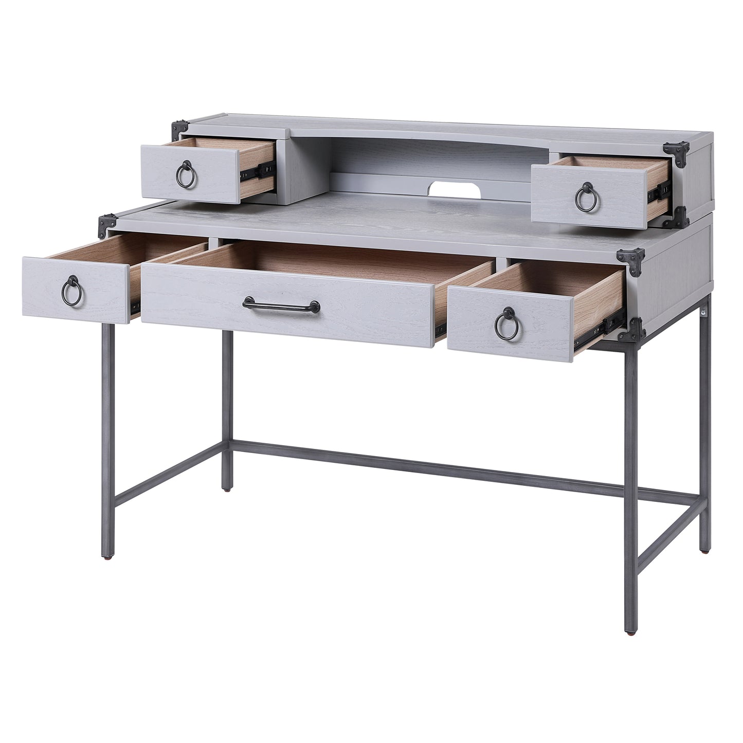 Grey wooden writing desk with metal legs and multiple drawers