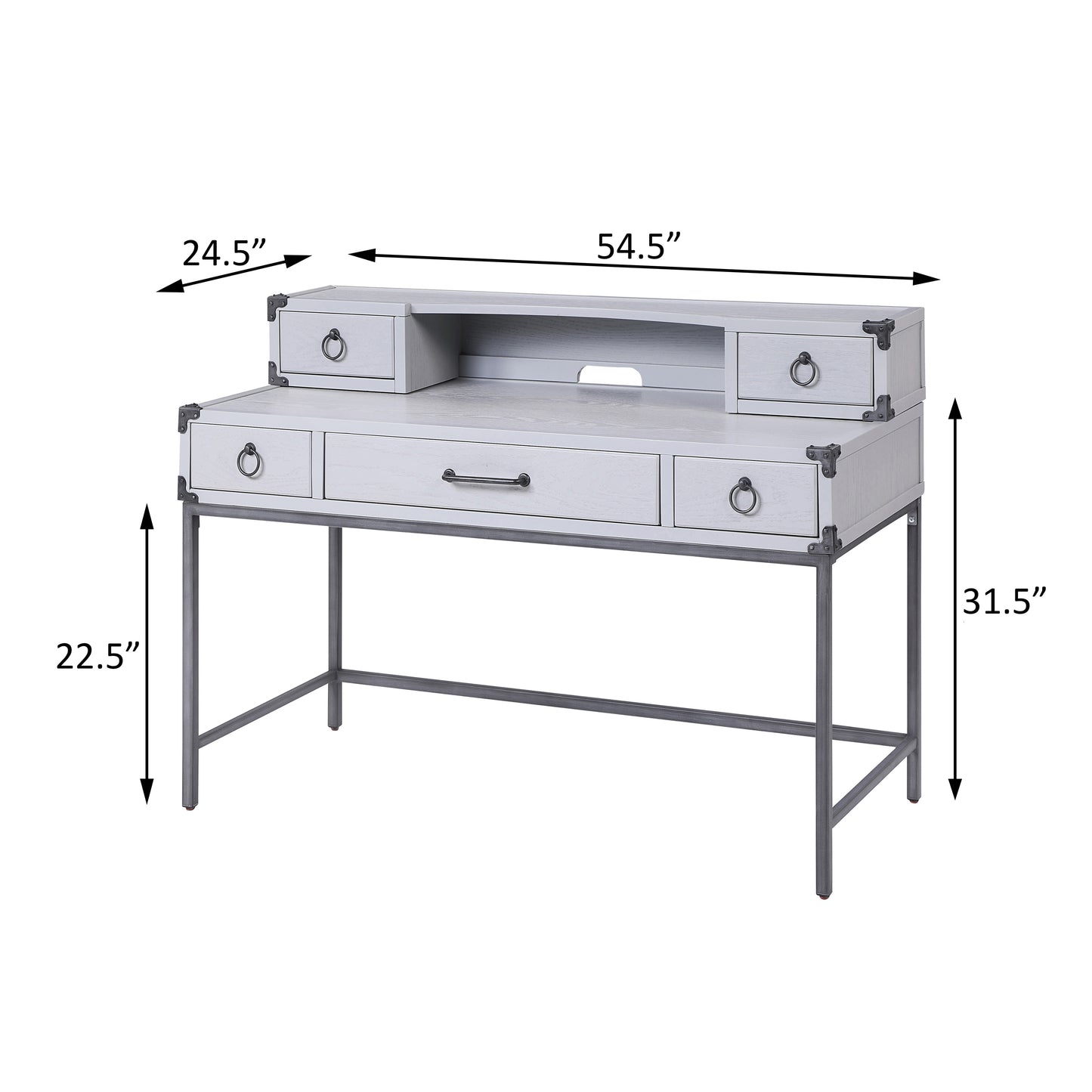 A light grey vintage trunk desk with metal accents and ring pulls perfect for home offices