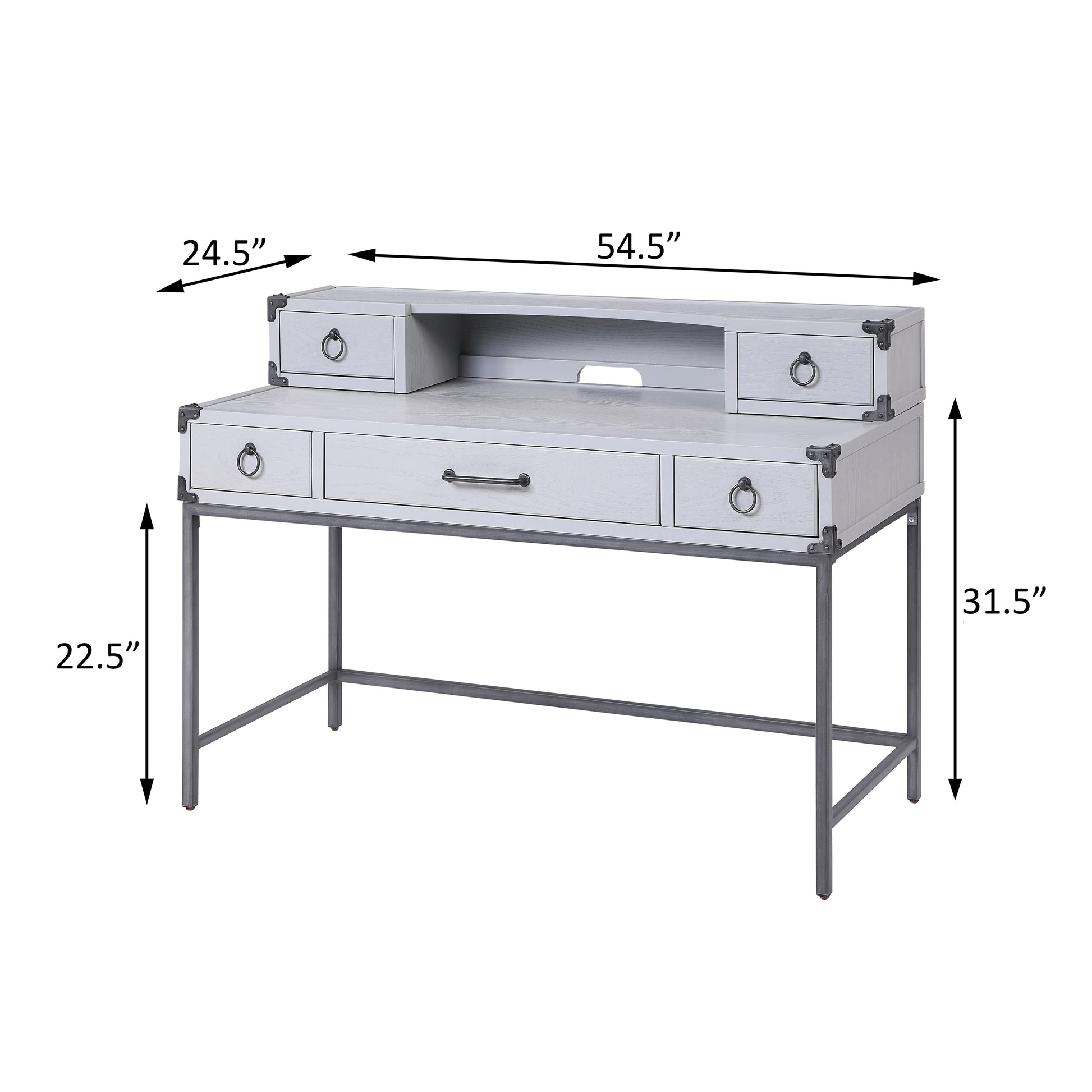 A light grey vintage trunk desk with metal accents and ring pulls perfect for home offices