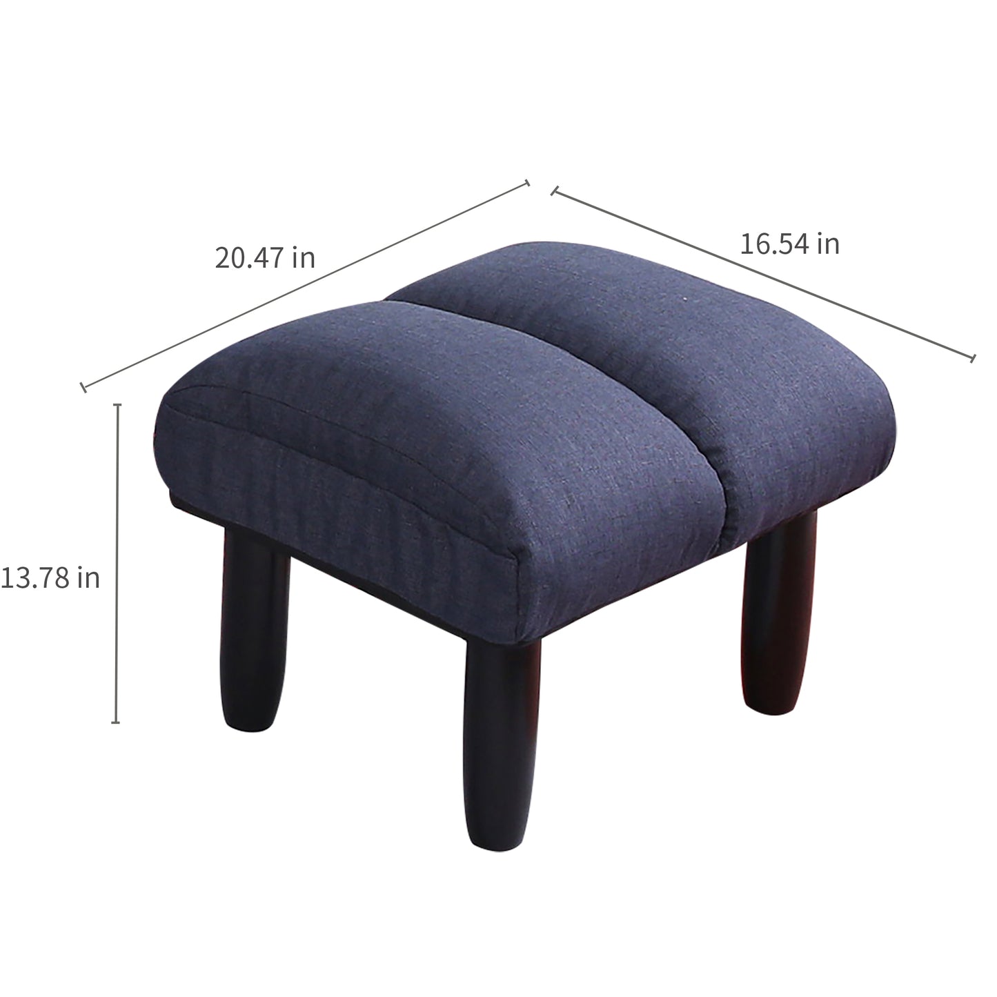 Dark gray upholstered ottoman with curved top and black legs xx inches