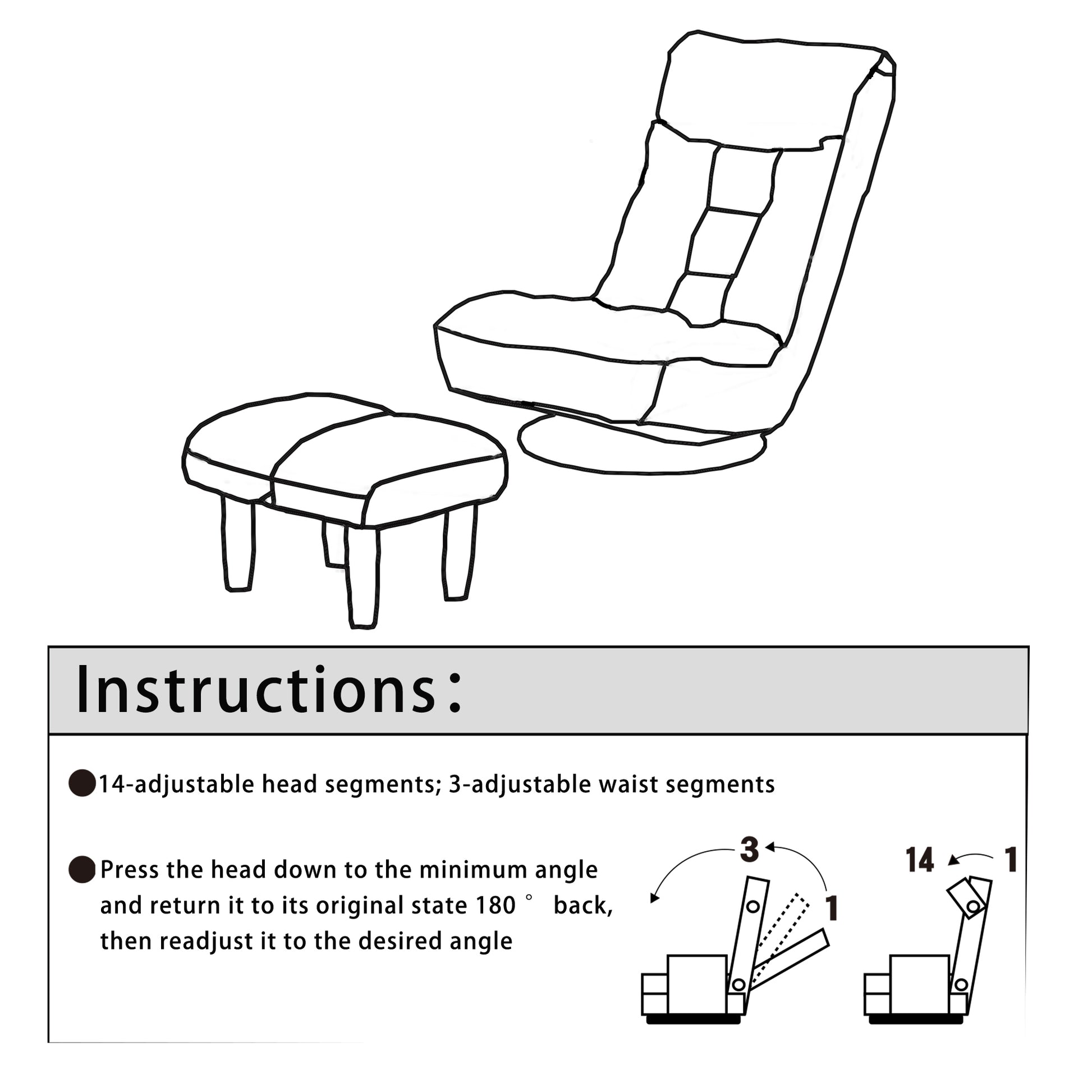 Diagram of a reclining chair with ottoman highlighting adjustable segments