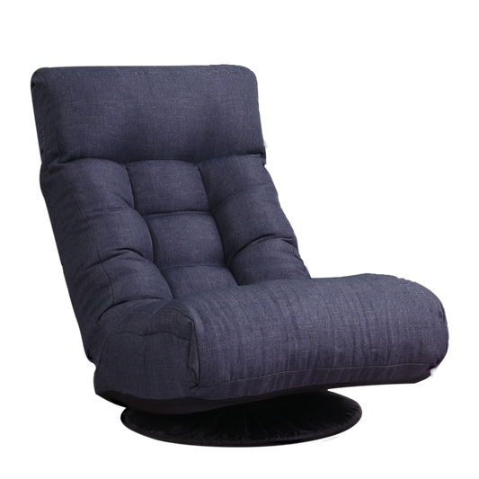 Padded navy blue fabric floor chair with adjustable backrest and swivel base for comfortable seating