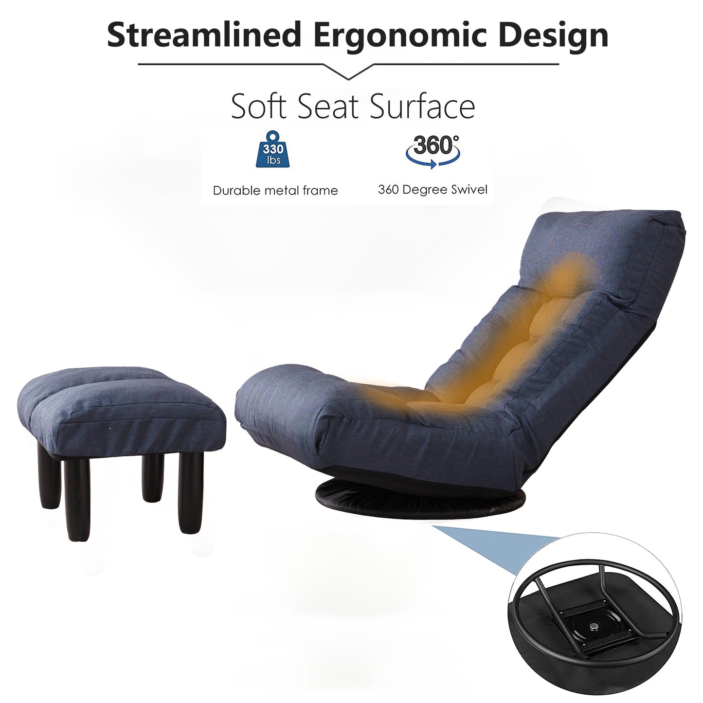 Dark blue fabric lounge chair with matching ottoman and degree swivel base