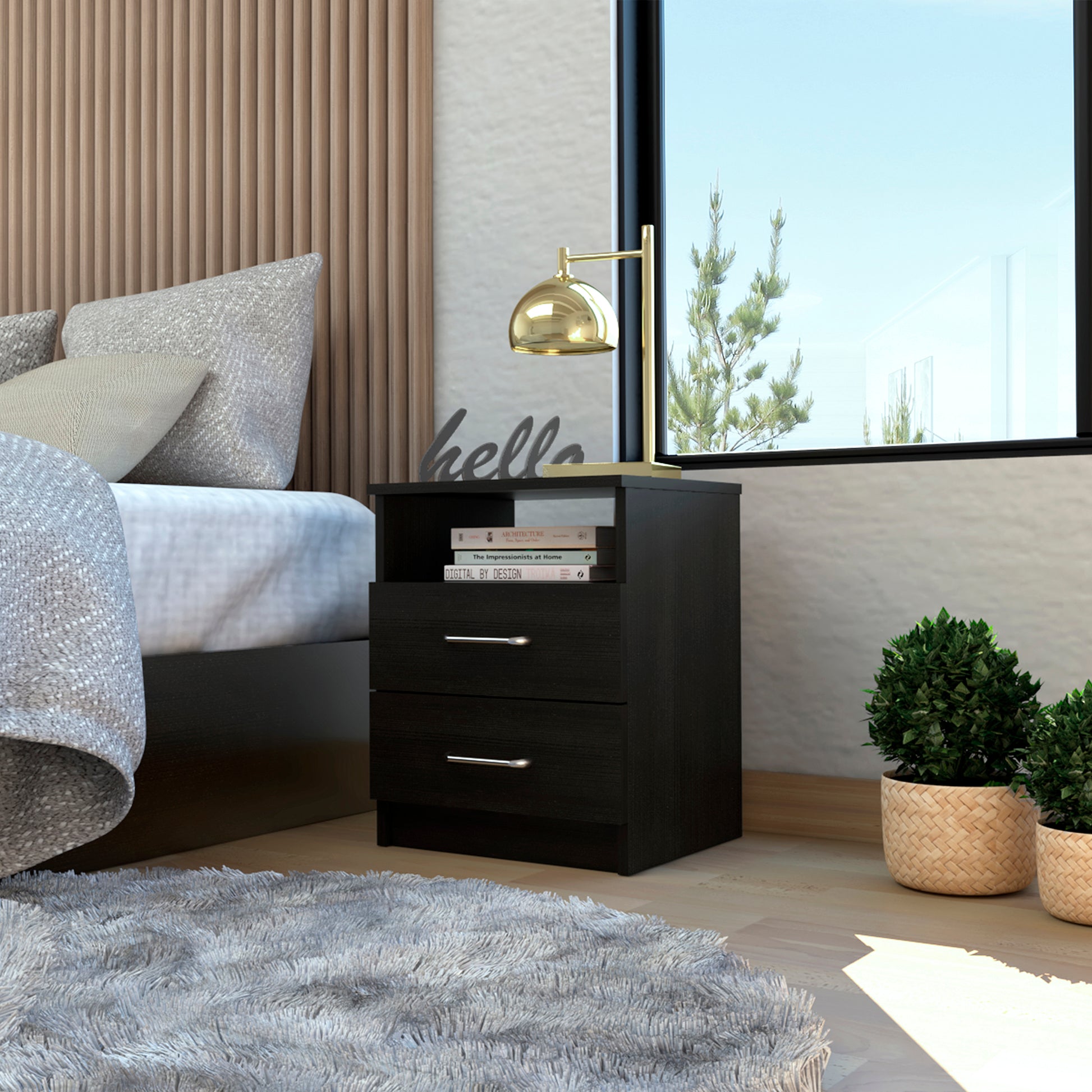 Black twodrawer nightstand with silver handles and an open shelf for books