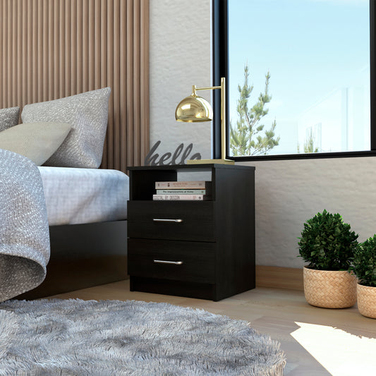 Black twodrawer nightstand with silver handles and an open shelf for books