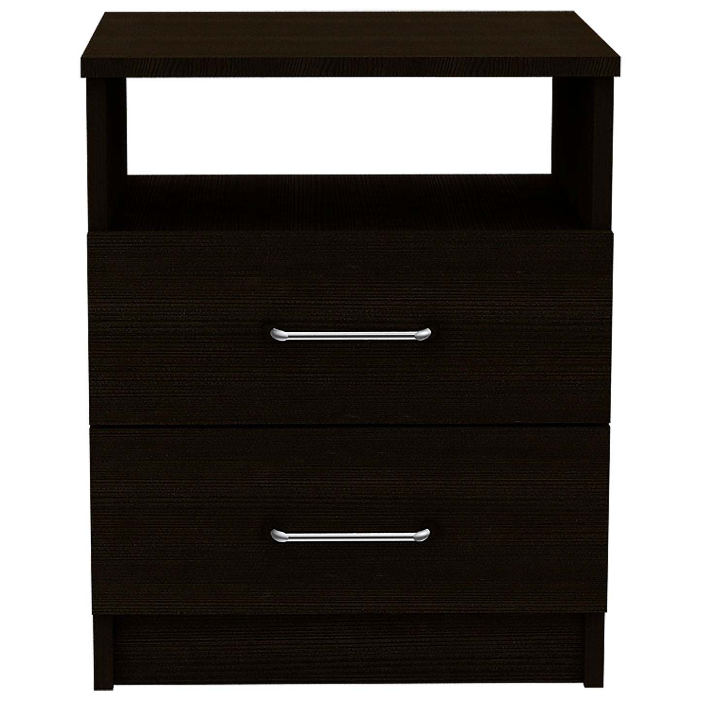 Dark wood nightstand with two drawers and an open shelf featuring silver handles